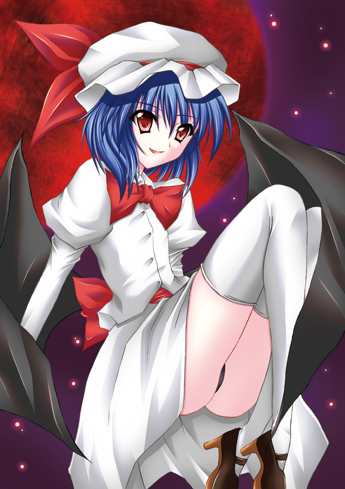 remilia scarlet, touhou, 1girl, female focus, gradient background, hat, outdoors, panties, red eyes, skirt, sky, solo, thighhighs, underwear, wings