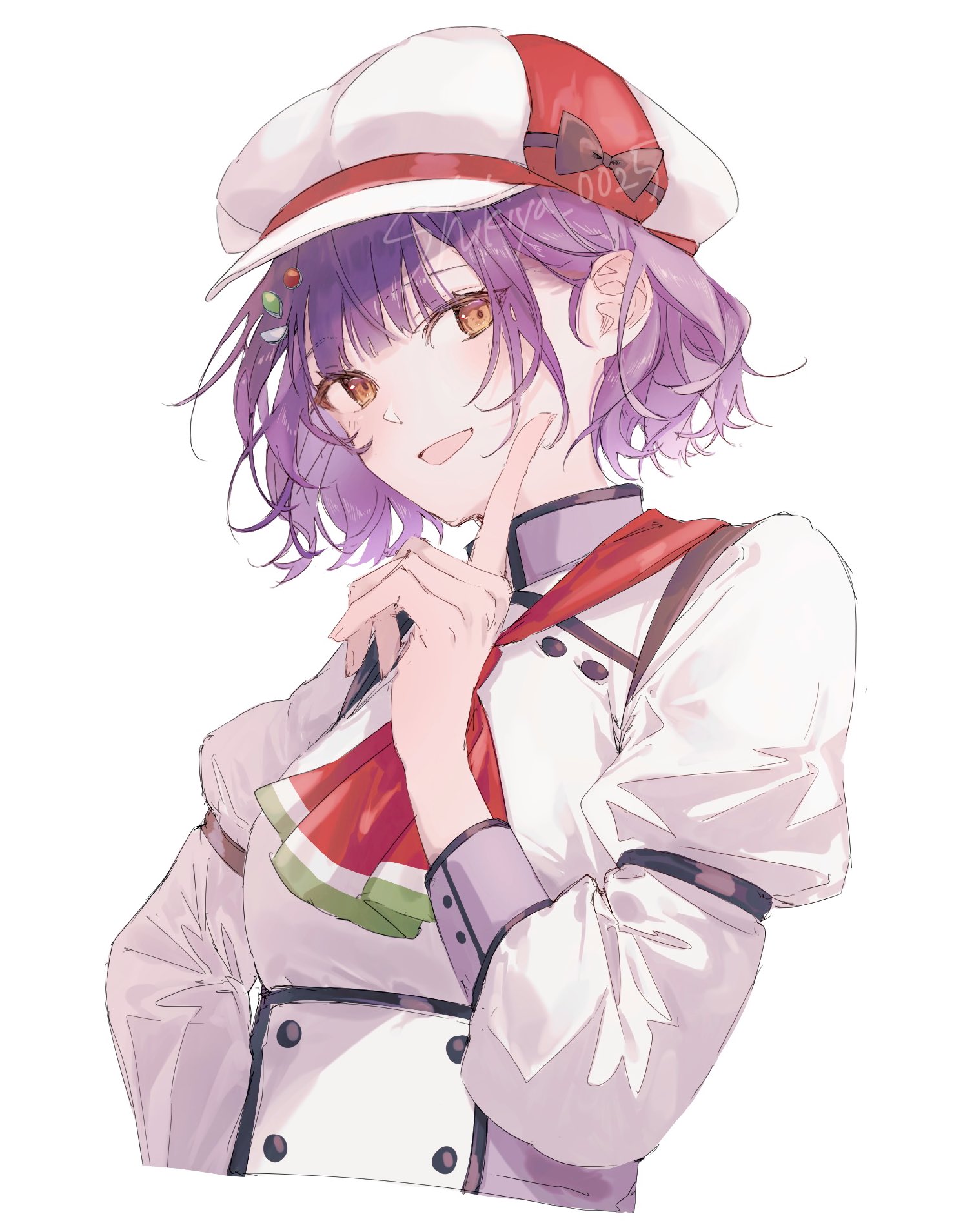 nanase suzuna, nijisanji, highres, 1girl, ascot, chef, hair ornament, hairclip, hat, index finger raised, long sleeves, looking at viewer, official alternate costume, open mouth, purple hair, red ascot, shikiya 0025, short hair, simple background, smile, solo, upper body, virtual youtuber, white background, yellow eyes