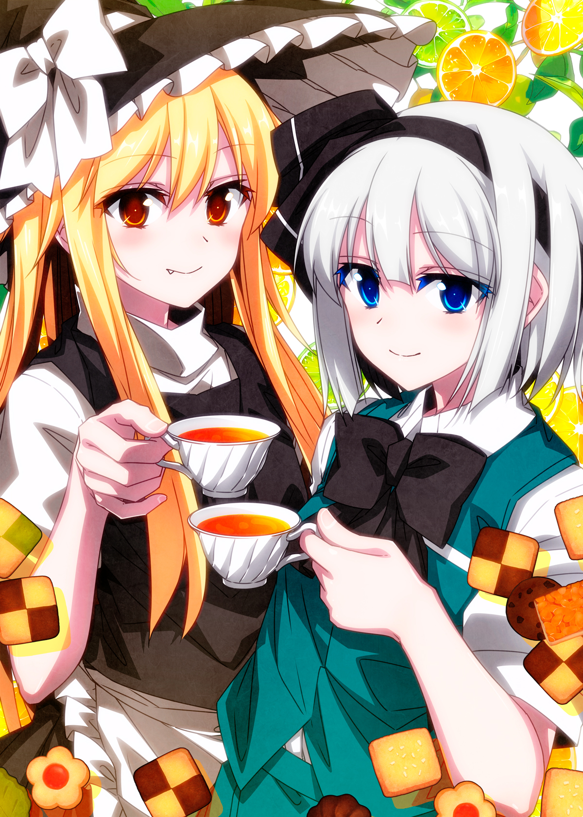 sazanami mio, kirisame marisa, konpaku youmu, touhou, highres, black hat, blonde hair, bow, cookie, cup, drink, food, green vest, happy, hat, long hair, maid, orange background, ribbon, short hair, smile, sweets, tea, vest