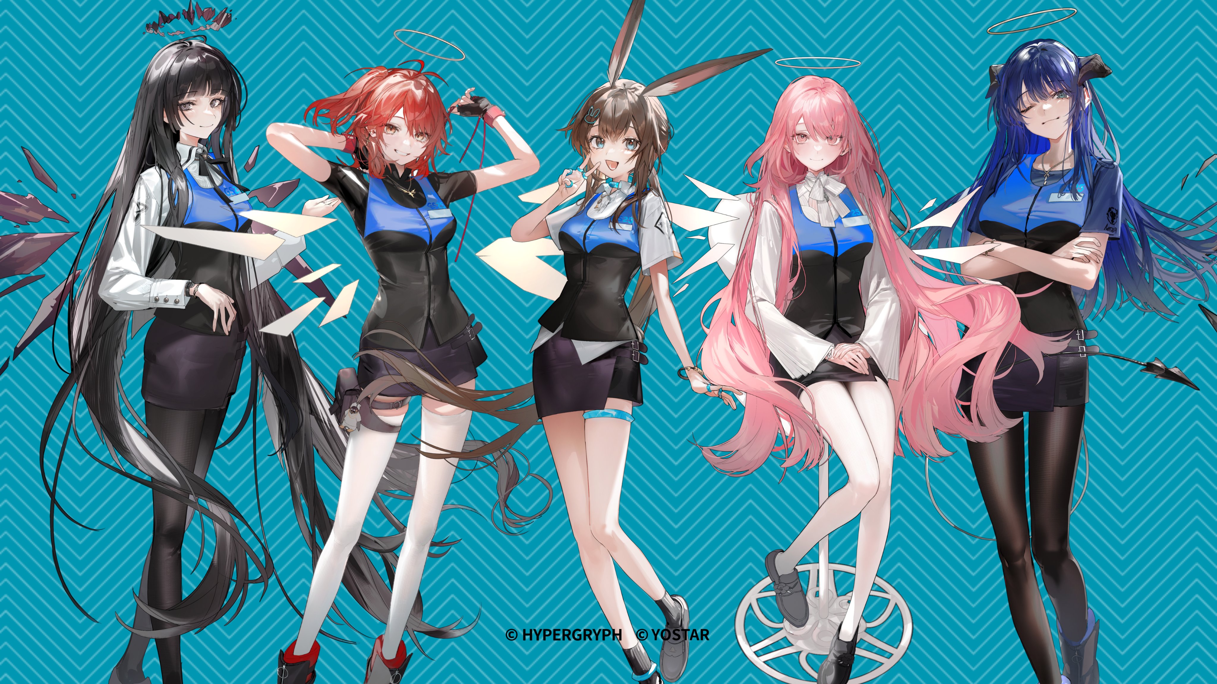 nishikikope, amiya (arknights), exusiai (arknights), lemuen (arknights), mostima (arknights), virtuosa (arknights), arknights, absurdres, commentary, english commentary, highres, official art, 5girls, angel, animal ears, black eyes, black hair, black halo, black pantyhose, black shirt, black skirt, black vest, blue background, blue eyes, blue hair, breasts, brown hair, chair, closed mouth, demon horns, demon tail, detached wings, halo, horns, large breasts, lineup, long hair, medium breasts, miniskirt, multiple girls, on chair, one eye closed, orange eyes, pantyhose, pencil skirt, pink eyes, pink hair, rabbit ears, rabbit girl, red hair, shirt, short hair, side ponytail, sitting, skirt, tail, thigh strap, thighhighs, v, very long hair, vest, white pantyhose, white shirt, white thighhighs, wings
