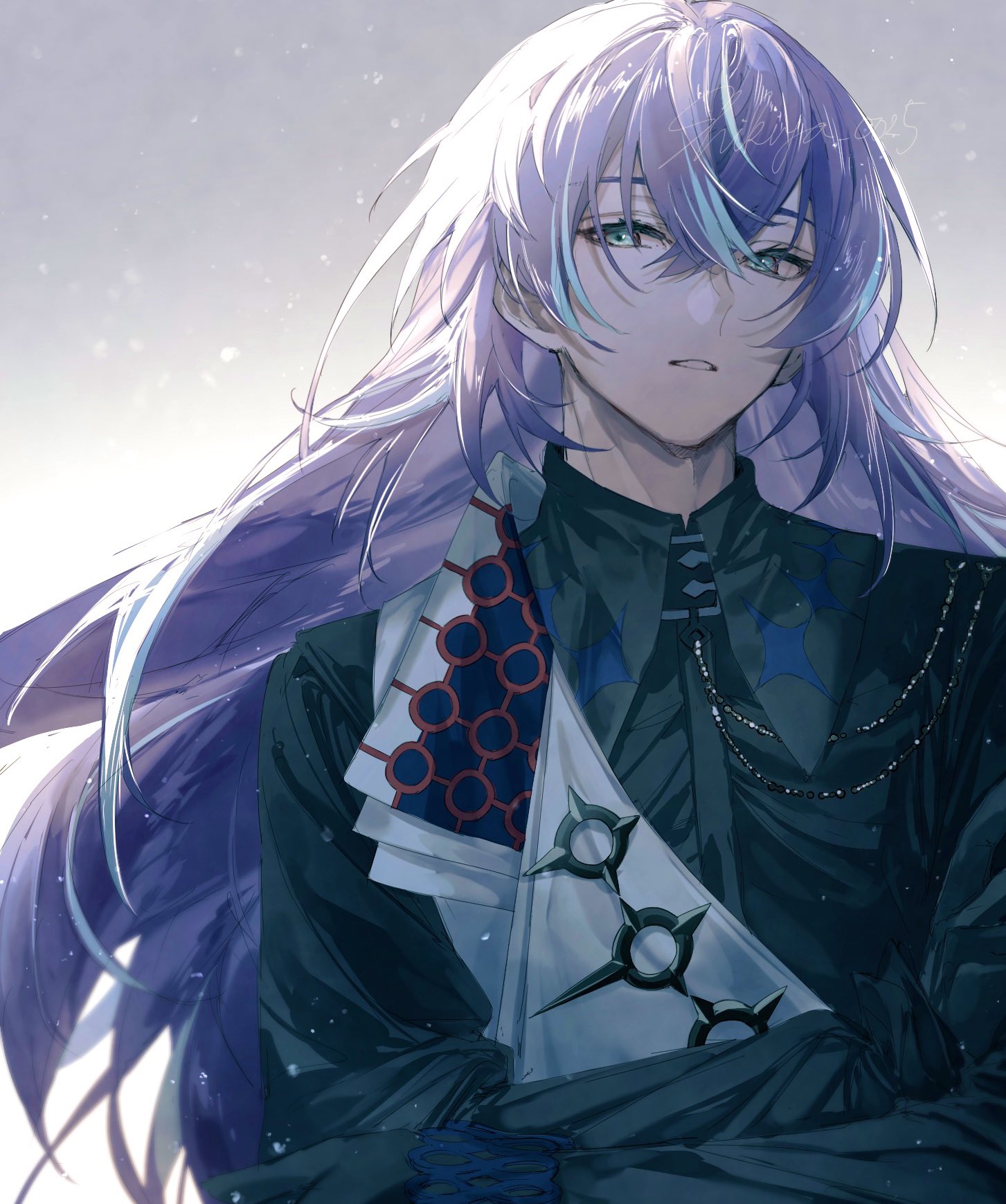 hoshirube sho, nijisanji, highres, 1boy, black jacket, black shirt, blue hair, crossed arms, green eyes, hair between eyes, jacket, long hair, long sleeves, looking to the side, male focus, multicolored hair, parted lips, purple hair, sash, shikiya 0025, shirt, shoulder sash, solo, streaked hair, upper body, virtual youtuber