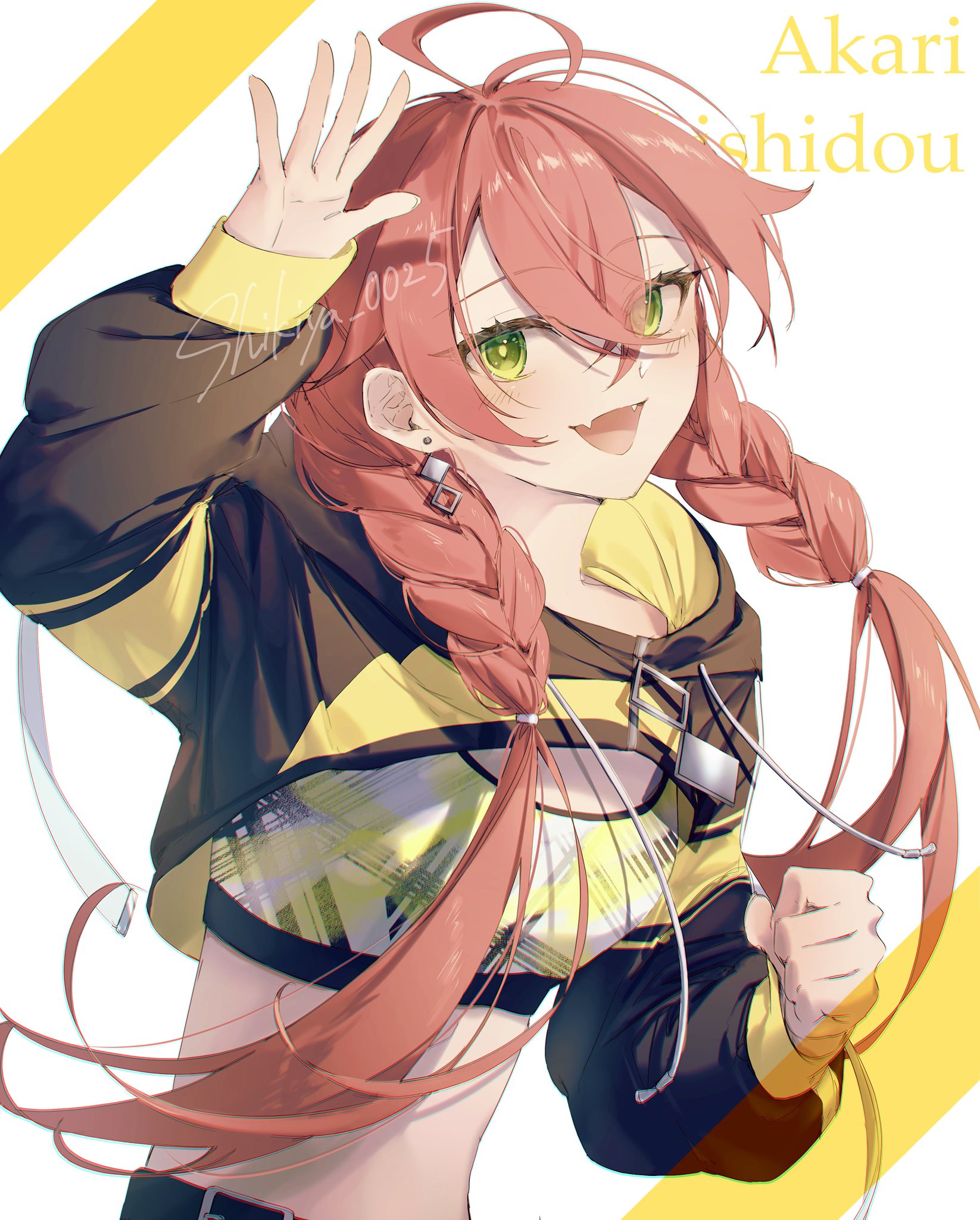 shishido akari, nijisanji, highres, 1girl, braid, clenched hand, crop top, cropped hoodie, crossed bangs, earrings, fangs, green eyes, hair between eyes, hood, hoodie, jacket, jewelry, long hair, long sleeves, looking at viewer, open mouth, orange hair, shikiya 0025, skin fangs, smile, solo, twin braids, upper body, virtual youtuber