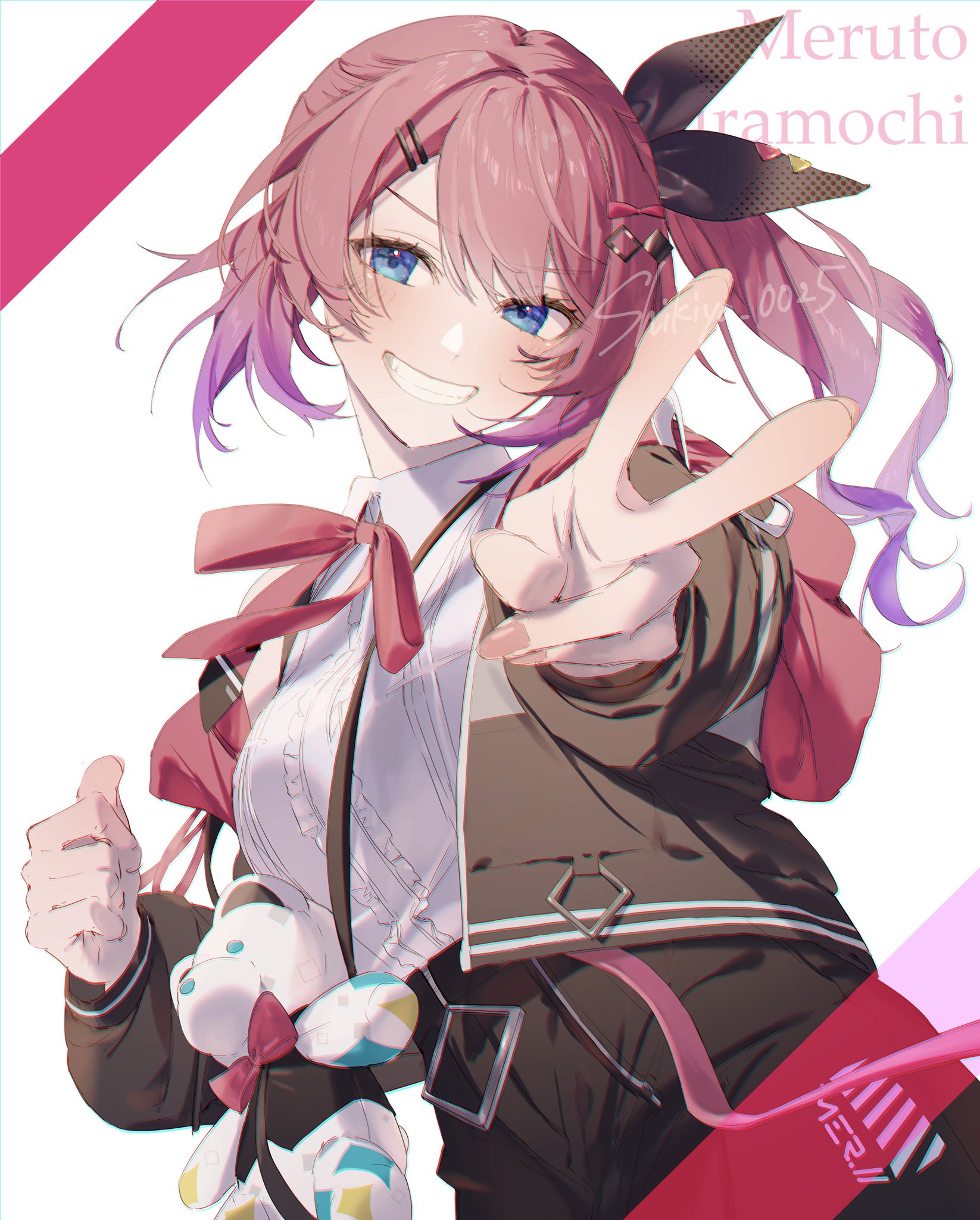 kuramochi meruto, nijisanji, highres, 1girl, black jacket, black shorts, blue eyes, blush, bow, bowtie, center frills, collared shirt, frills, gradient hair, grin, hair ornament, hairclip, jacket, long hair, looking at viewer, multicolored hair, open clothes, open jacket, pink bow, pink bowtie, pink hair, purple hair, ribbon, shikiya 0025, shirt, shorts, side ponytail, smile, solo, v, virtual youtuber, white background, white shirt