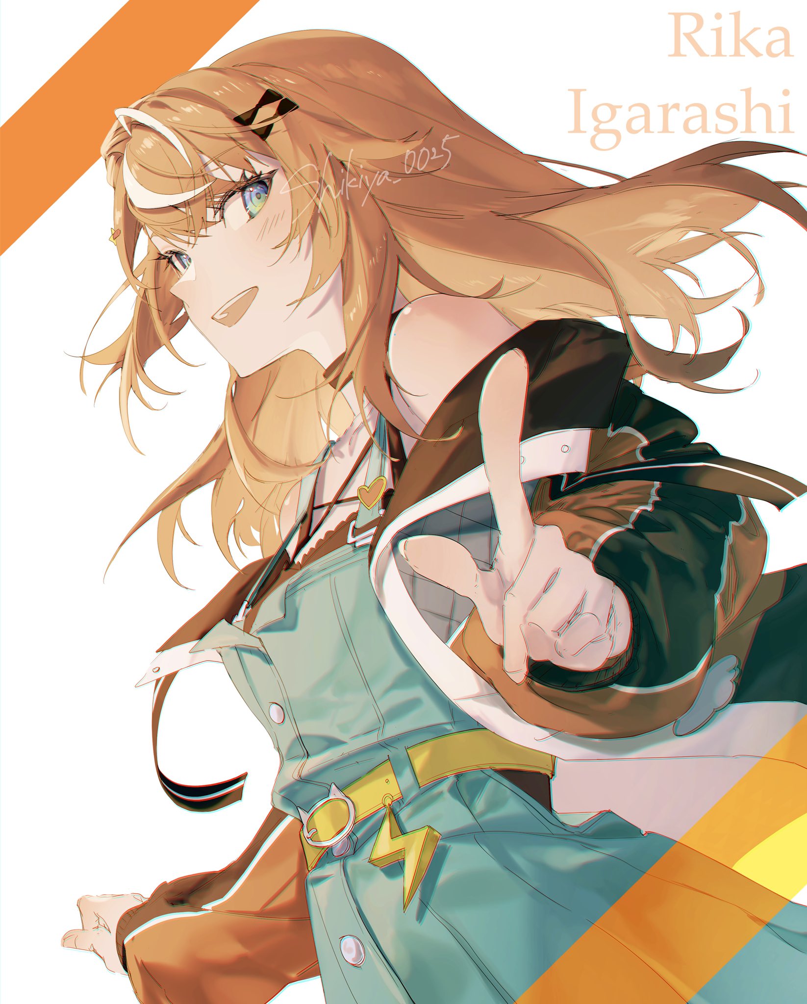 igarashi rika, nijisanji, highres, 1girl, bare shoulders, belt, black choker, blue eyes, brown hair, choker, floating hair, hair ornament, jacket, lightning bolt symbol, long hair, long sleeves, looking at viewer, multicolored hair, off shoulder, open clothes, open jacket, open mouth, orange hair, overalls, pointing, shikiya 0025, simple background, smile, solo, streaked hair, virtual youtuber, white background, white hair, x hair ornament, yellow belt