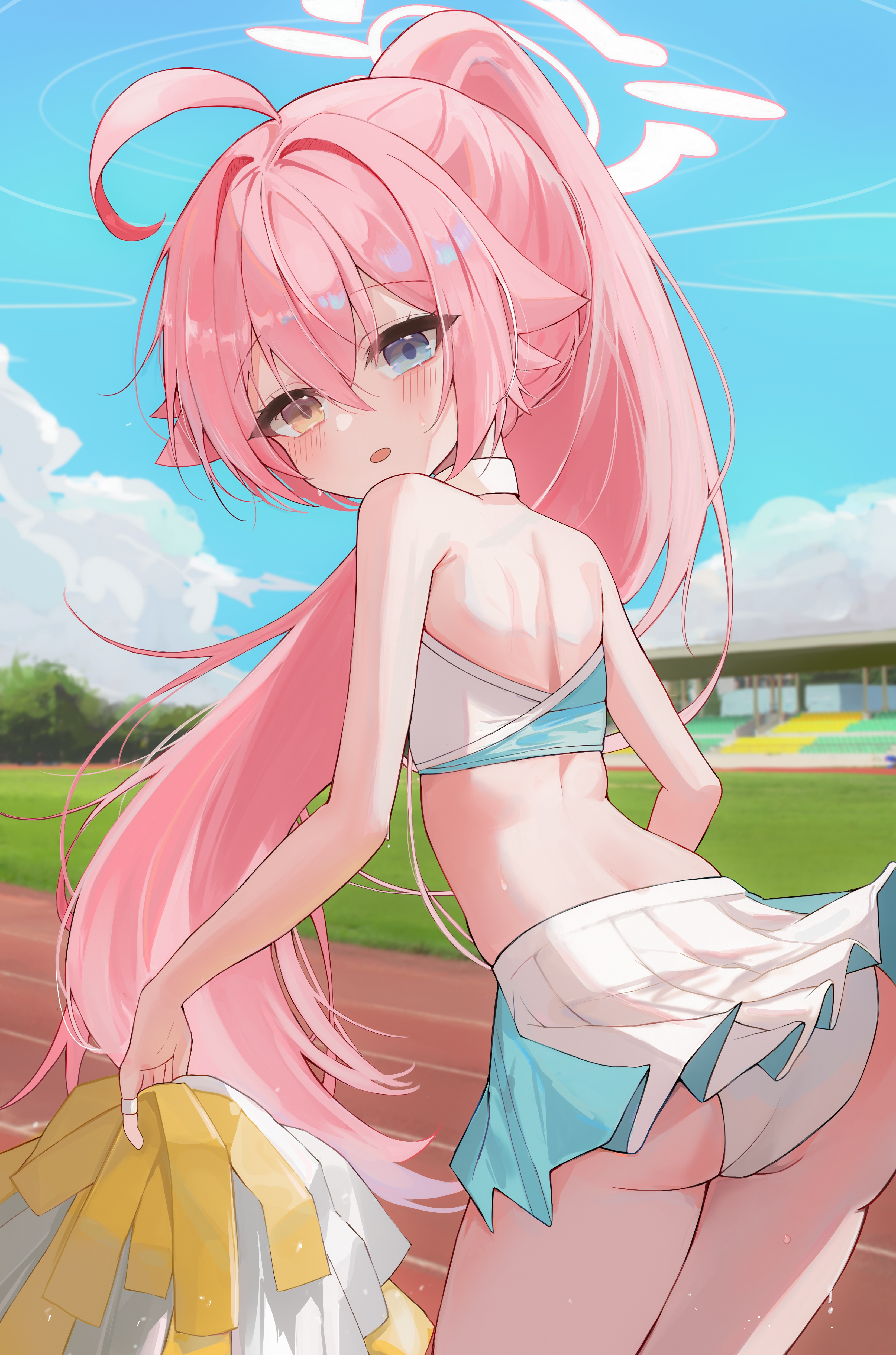 chii (k ung), hoshino (blue archive), blue archive, absurdres, commentary request, highres, 1girl, :o, ahoge, alternate costume, arched back, ass, bare back, bare shoulders, blue eyes, blue sky, blush, cheerleader, cloud, crop top, from behind, hair between eyes, halo, heterochromia, holding, holding pom poms, huge ahoge, loli, long hair, looking at viewer, looking back, millennium cheerleader outfit (blue archive), open mouth, outdoors, panties, pink hair, pink halo, pleated skirt, pom pom (cheerleading), pom poms, ponytail, running track, skirt, sky, solo, stadium, standing, sweat, thighs, underwear, very long hair, white panties, yellow eyes