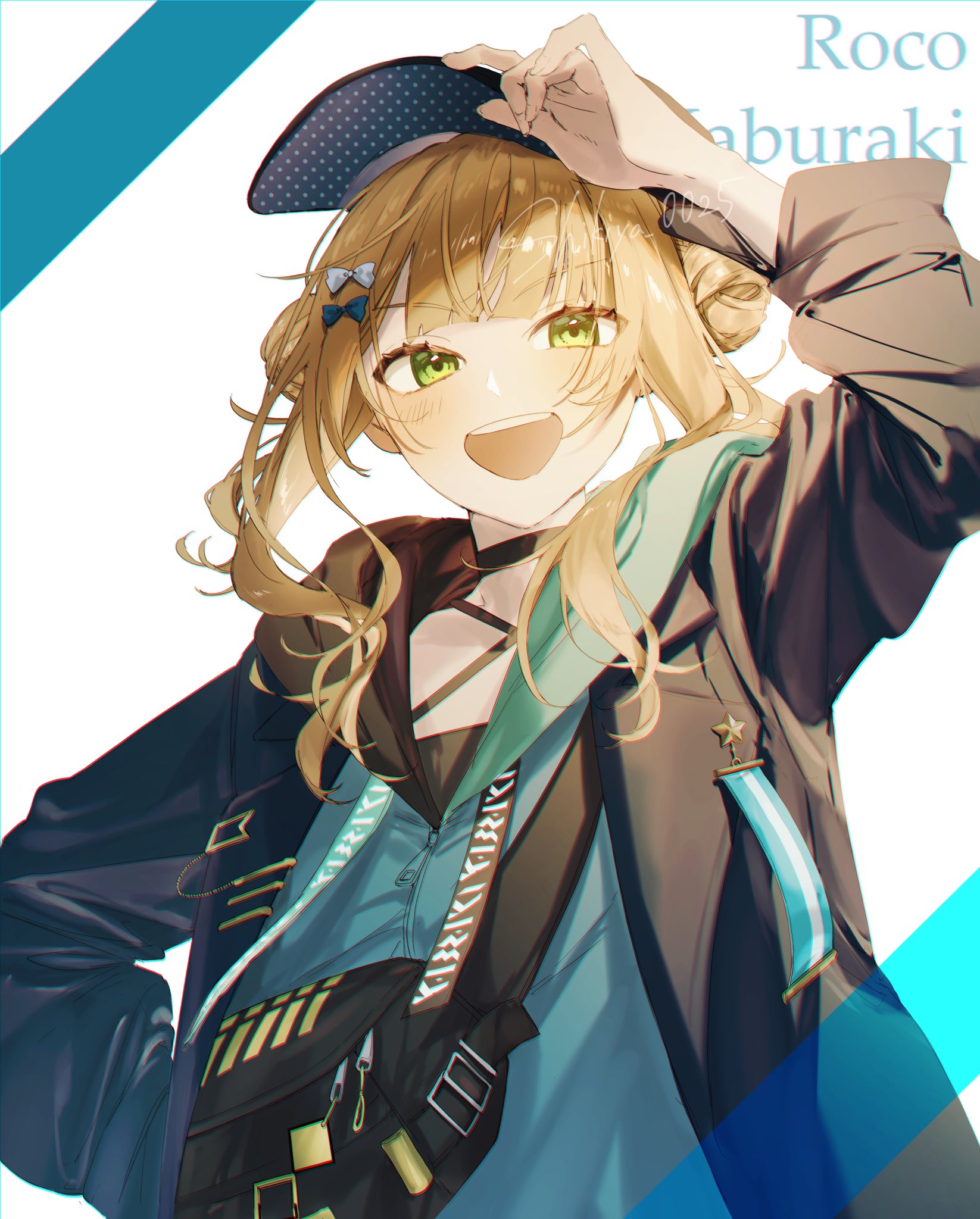 kaburaki roco, nijisanji, highres, 1girl, baseball cap, black choker, black jacket, blonde hair, blue bow, blue hoodie, bow, choker, double bun, green eyes, hair bow, hair bun, hat, hood, hood down, hoodie, jacket, long hair, long sleeves, looking at viewer, open clothes, open jacket, open mouth, shikiya 0025, smile, solo, upper body, virtual youtuber, white background