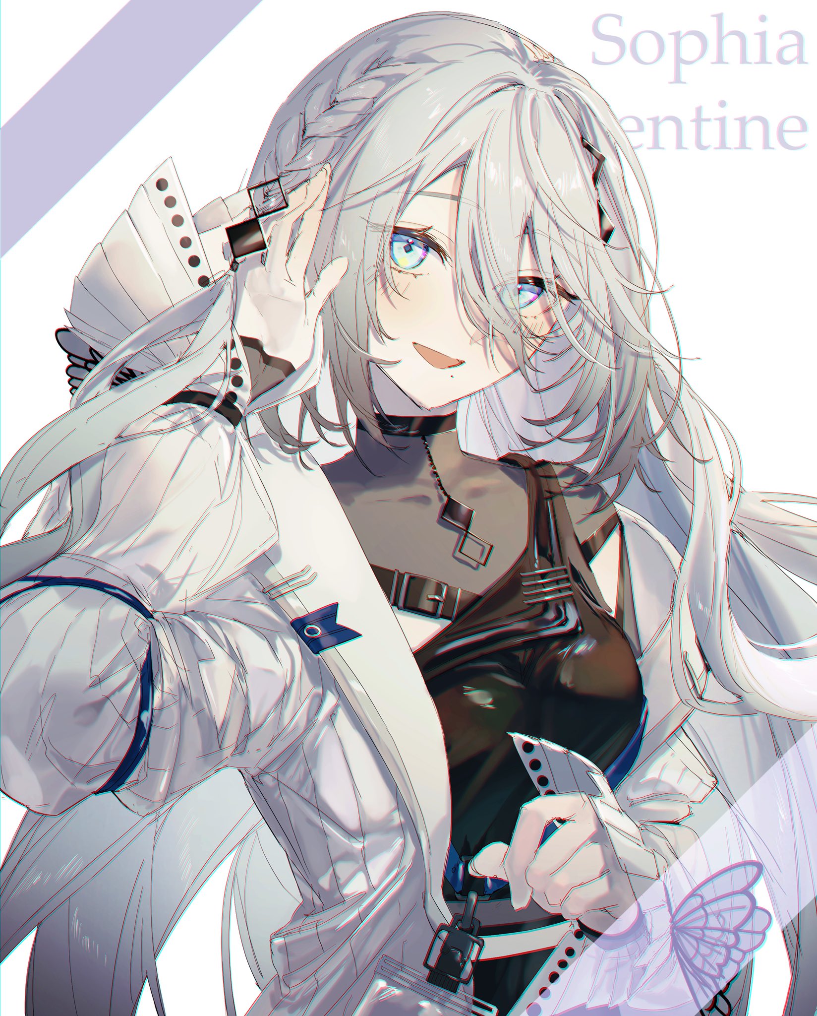 sophia valentine, nijisanji, highres, 1girl, blue eyes, blush, braid, character name, grey hair, hair between eyes, jacket, long hair, looking at viewer, mole, mole under eye, mole under mouth, open mouth, shikiya 0025, smile, solo, upper body, virtual youtuber, white jacket