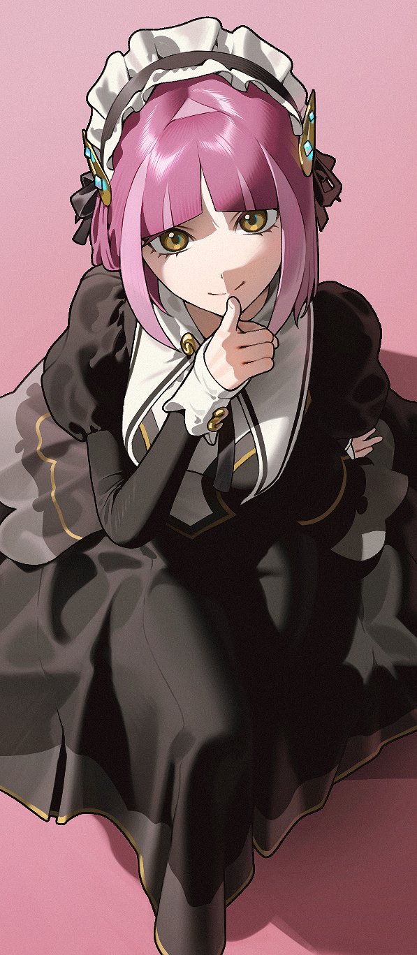 987645321o, lacey (fall 2025) (pokemon), lacey (pokemon), nintendo, pokemon, pokemon masters ex, pokemon sv, highres, 1girl, black dress, dress, finger to mouth, fingernails, frilled headwear, frills, gradient eyes, hair ornament, long sleeves, looking at viewer, maid, maid headdress, medium hair, multicolored eyes, pink background, pink hair, solo, yellow eyes