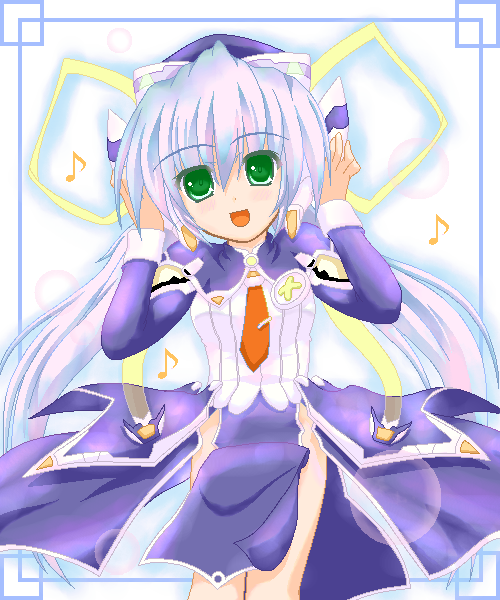 marimo (pixiv4455), hoshino yumemi, planetarian, 00s, 1girl, blue hair, caramelldansen, dancing, female focus, green eyes, hat, long hair, no panties, oekaki, ribbon, solo
