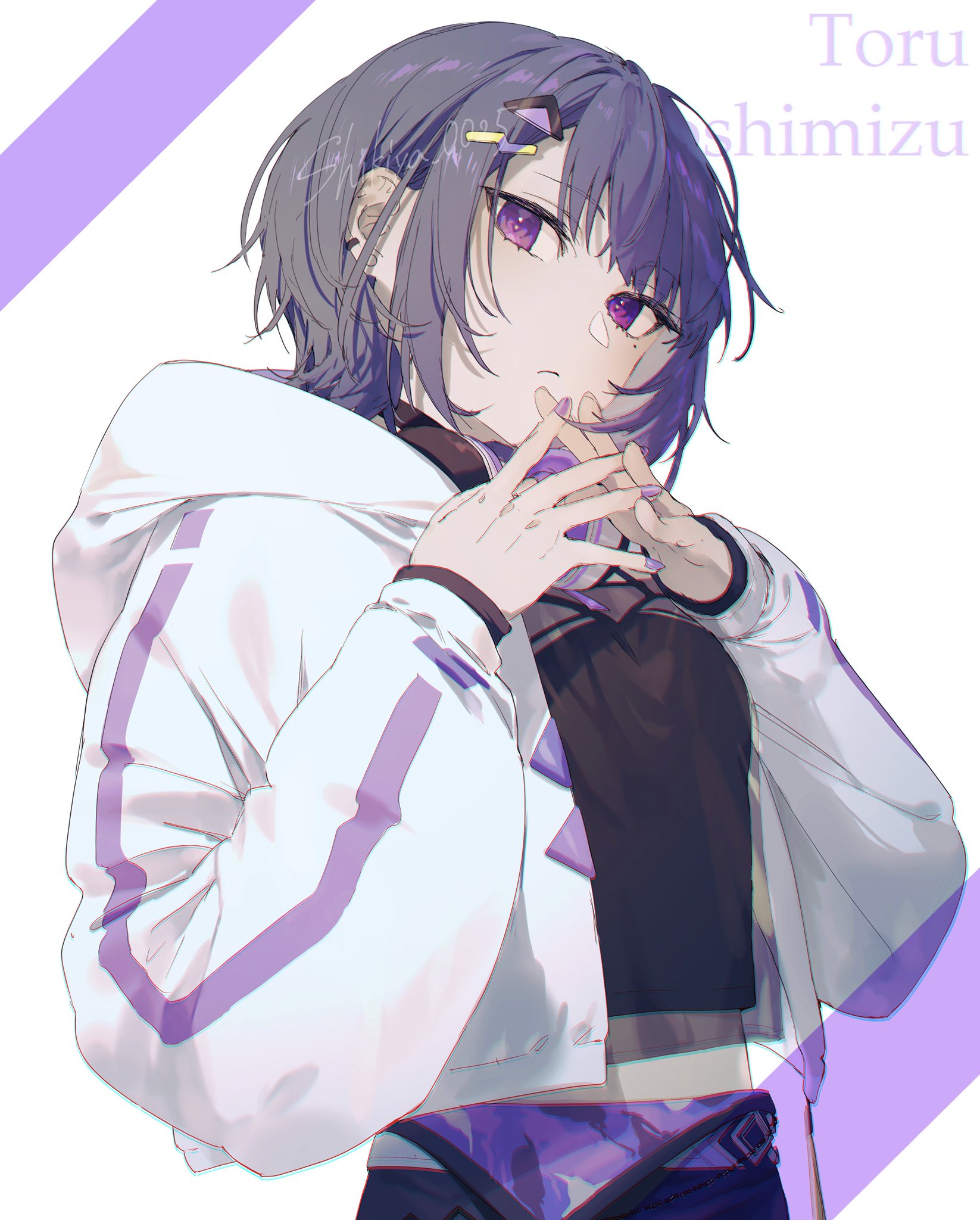 koshimizu toru, nijisanji, highres, 1girl, black hair, black shirt, closed mouth, crop top, hair ornament, headphones, headphones around neck, hood, hooded jacket, jacket, long sleeves, looking at viewer, mole, mole under eye, open clothes, open jacket, purple eyes, purple nails, purple theme, shikiya 0025, shirt, short hair, solo, steepled fingers, triangle hair ornament, upper body, virtual youtuber, white background, white jacket