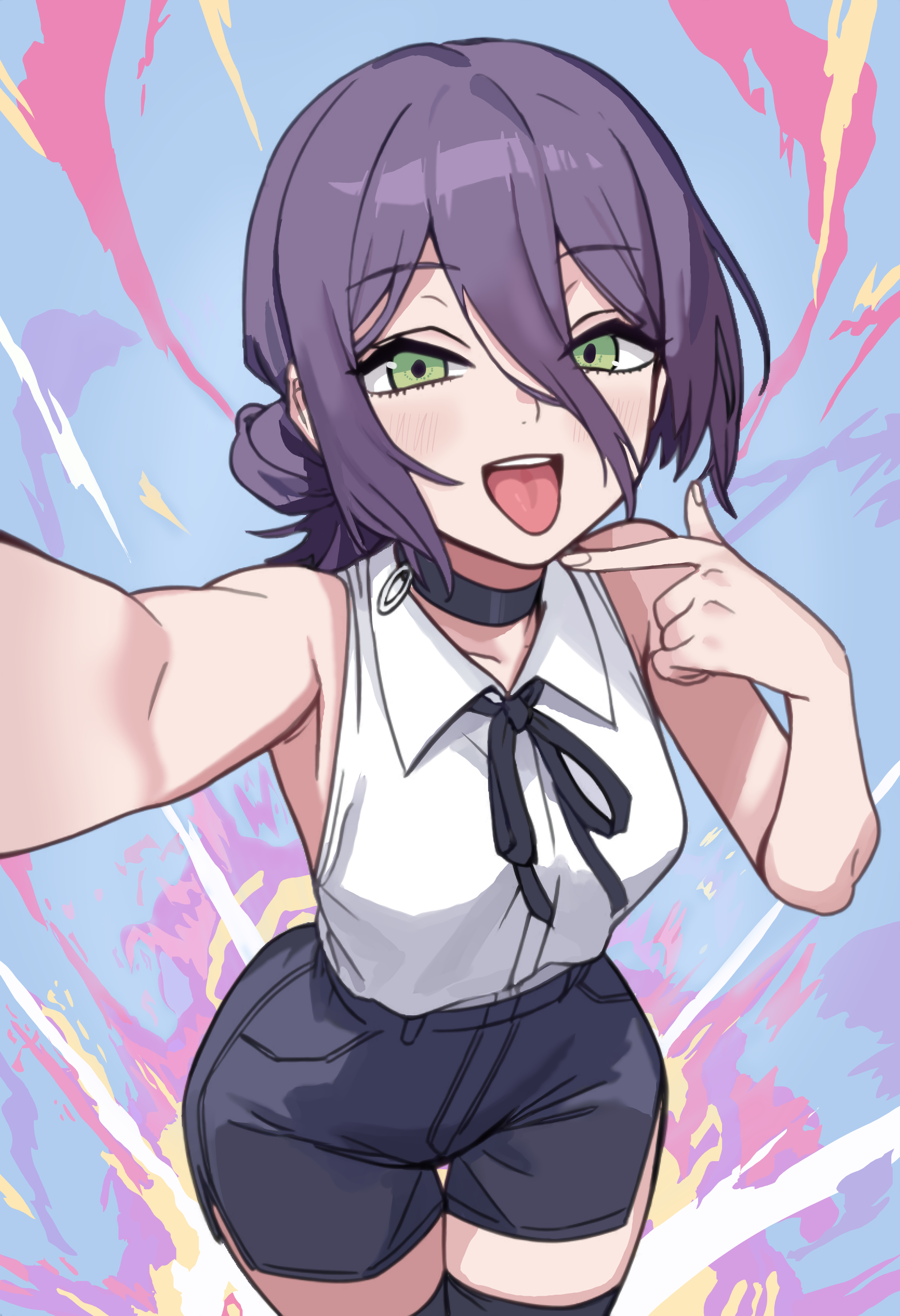 nnkk933306, reze (chainsaw man), chainsaw man, absurdres, commentary, highres, 1girl, arm up, armpits, black choker, black ribbon, black shorts, black thighhighs, blush, breasts, choker, collared shirt, fingernails, green eyes, grenade pin, hair between eyes, long hair between eyes, looking at viewer, neck ribbon, purple hair, ribbon, selfie, shirt, short shorts, shorts, side slit, side slit shorts, sleeveless, sleeveless shirt, small breasts, smile, solo, thigh gap, thighhighs, tongue, tongue out, white shirt