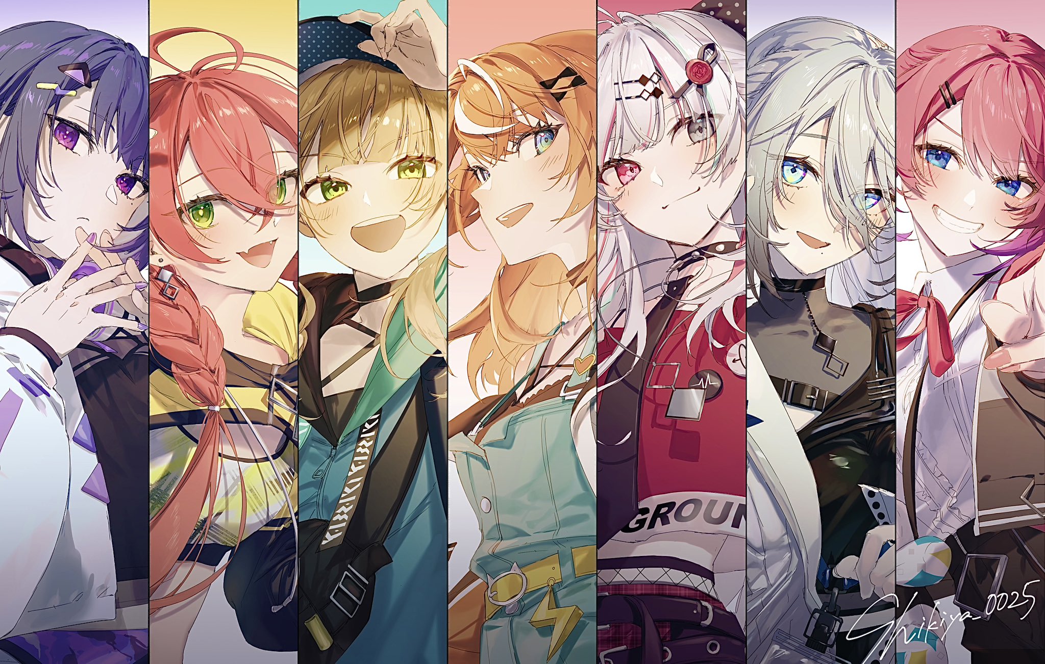 igarashi rika, ishigami nozomi, kaburaki roco, koshimizu toru, kuramochi meruto, shishido akari, sophia valentine, nijisanji, highres, 6+girls, ahoge, belt, black choker, blonde hair, blue eyes, bow, braid, choker, column lineup, crossed bangs, fangs, green eyes, grey eyes, grey hair, hair ornament, hair over one eye, heterochromia, hood, jacket, long hair, mole, mole under eye, multicolored hair, multiple girls, open clothes, open jacket, open mouth, orange hair, polka dot, polka dot bow, red hair, shikiya 0025, smile, spiked choker, spikes, streaked hair, virtual youtuber, white hair