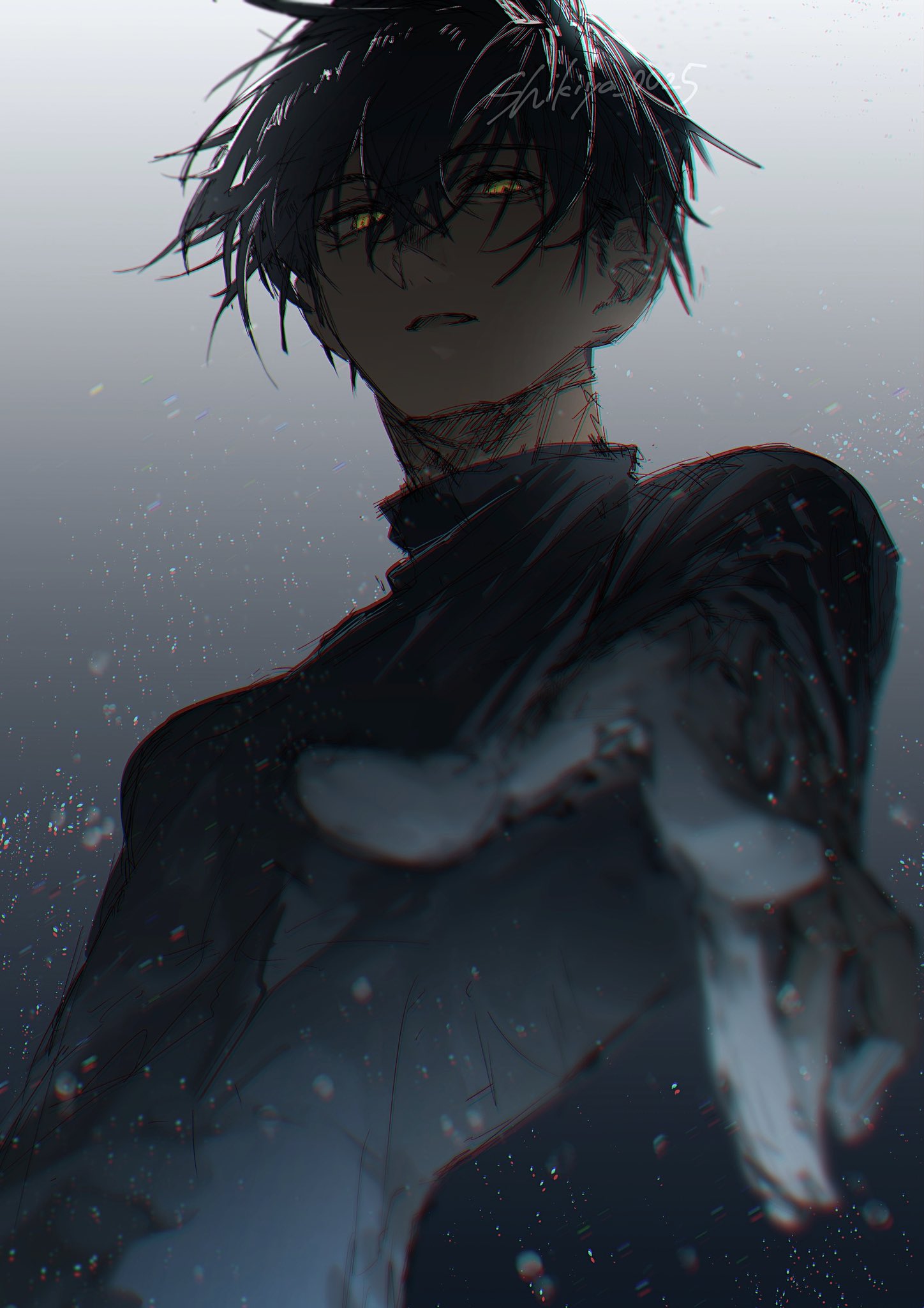 yodaka jun, medalist (manga), highres, 1boy, black hair, black shirt, glowing, gradient background, grey background, long sleeves, looking at viewer, looking down, male focus, outstretched arm, parted lips, pointing, pointing at viewer, reaching, reaching towards viewer, shikiya 0025, shirt, short hair, solo, upper body, yellow eyes