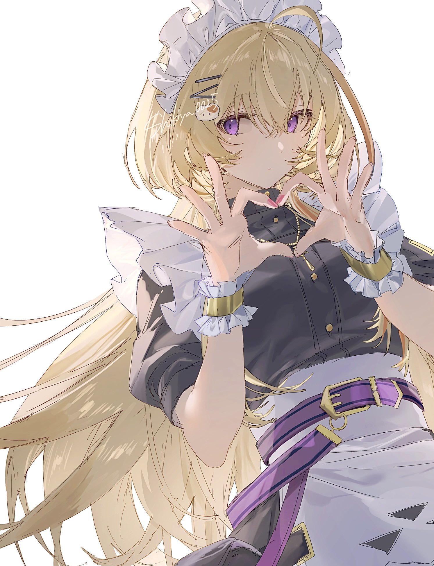 nijisanji, original, highres, 1girl, apron, bear hair ornament, belt, black shirt, blonde hair, closed mouth, dress, expressionless, frills, hair between eyes, hair ornament, hairclip, heart, heart hands, jewelry, kana (fura kanato), long hair, looking at viewer, maid, maid headdress, multicolored hair, necklace, puffy short sleeves, puffy sleeves, purple belt, purple eyes, shikiya 0025, shirt, short sleeves, simple background, solo, streaked hair, upper body, very long hair, waist apron, white apron, white background, wrist cuffs