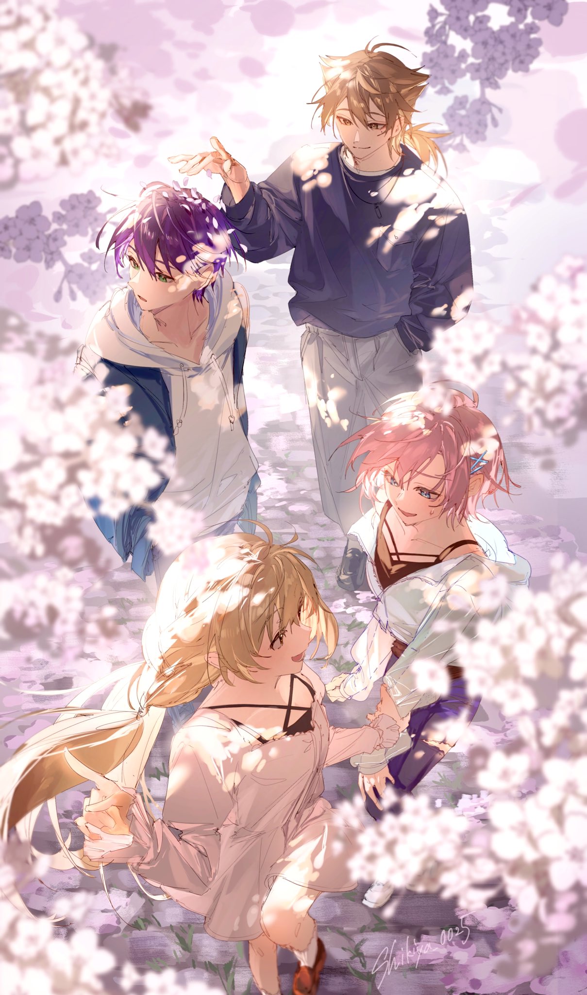 fushimi gaku, ienaga mugi, kenmochi touya, yuuhi riri, nijisanji, highres, 2boys, 2girls, black shirt, blonde hair, blue eyes, blue jacket, blue pants, cherry blossoms, dappled sunlight, green eyes, hair ornament, hood, hood down, hoodie, jacket, long hair, long sleeves, looking at another, low twintails, multiple boys, multiple girls, open mouth, pants, pink hair, purple hair, purple pants, shikiya 0025, shirt, short hair, smile, sunlight, torn clothes, twintails, virtual youtuber, white hoodie, white jacket