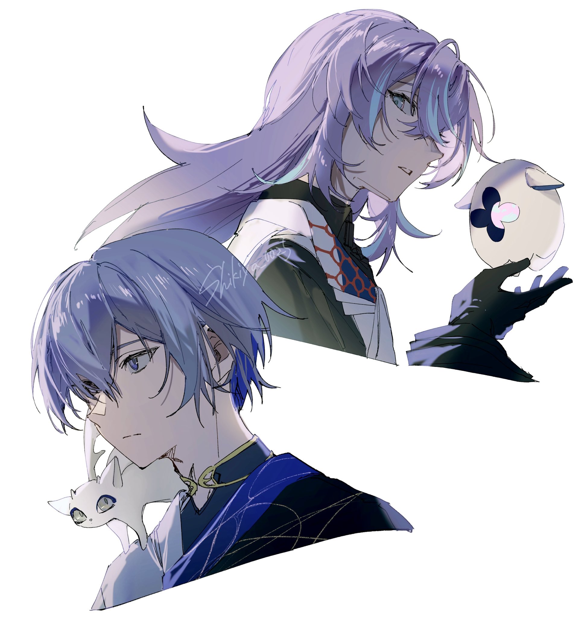 original, character request, highres, 2boys, animal, animal on shoulder, black gloves, black shirt, blue eyes, blue hair, cat, closed mouth, gloves, hair between eyes, holding, long hair, looking at viewer, male focus, multicolored hair, multiple boys, parted lips, purple hair, shikiya 0025, shirt, short hair, sideways glance, simple background, streaked hair, upper body, white background