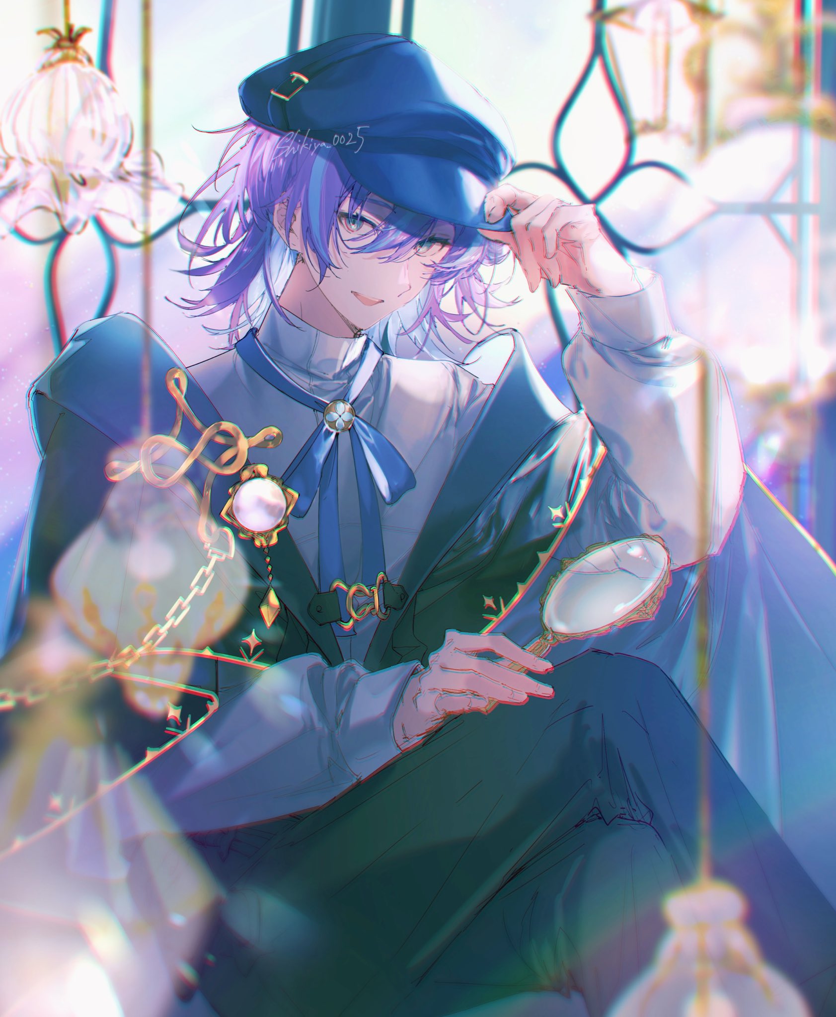 hoshirube sho, nijisanji, highres, 1boy, adjusting clothes, adjusting headwear, black pants, blue hair, blue ribbon, blurry, brooch, crossed legs, hair between eyes, hand on headwear, hat, holding, jewelry, long sleeves, looking at viewer, magnifying glass, male focus, medium hair, multicolored hair, neck ribbon, newsboy cap, official alternate costume, open mouth, pants, puffy long sleeves, puffy sleeves, purple hair, ribbon, shikiya 0025, shirt, sitting, smile, solo, streaked hair, white shirt