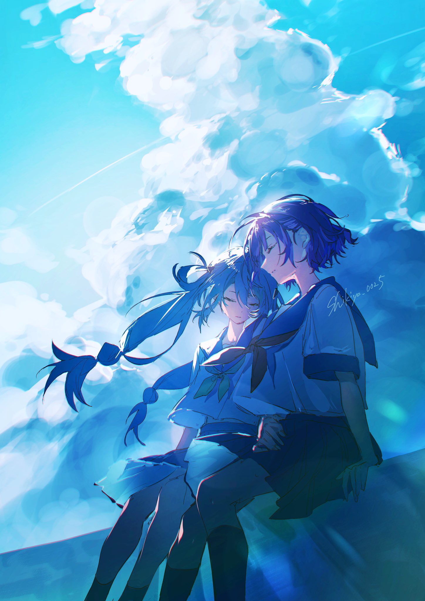 nanase suzuna, tamanoi nana, nijisanji, highres, 2girls, aqua hair, blue hair, blue sailor collar, blue skirt, blue sky, blue theme, closed eyes, cloud, cloudy sky, contrail, cumulonimbus cloud, floating hair, hair rings, long hair, low-tied long hair, multiple girls, neckerchief, outdoors, parted lips, pleated skirt, purple hair, sailor collar, school uniform, serafuku, shikiya 0025, shirt, short hair, short sleeves, signature, sitting, skirt, sky, twintails, very long hair