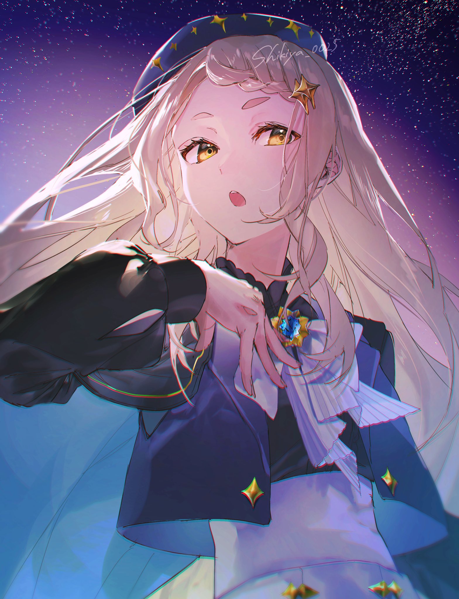 machita chima, nijisanji, highres, 1girl, :o, beret, black shirt, blonde hair, bow, bowtie, braid, braided bangs, brooch, cropped jacket, gem, hair ornament, hat, jacket, jewelry, long hair, long sleeves, looking at viewer, open mouth, shikiya 0025, shirt, short bangs, sky, solo, star (sky), star (symbol), star hair ornament, starry sky, upper body, virtual youtuber, white bow, white bowtie, yellow eyes