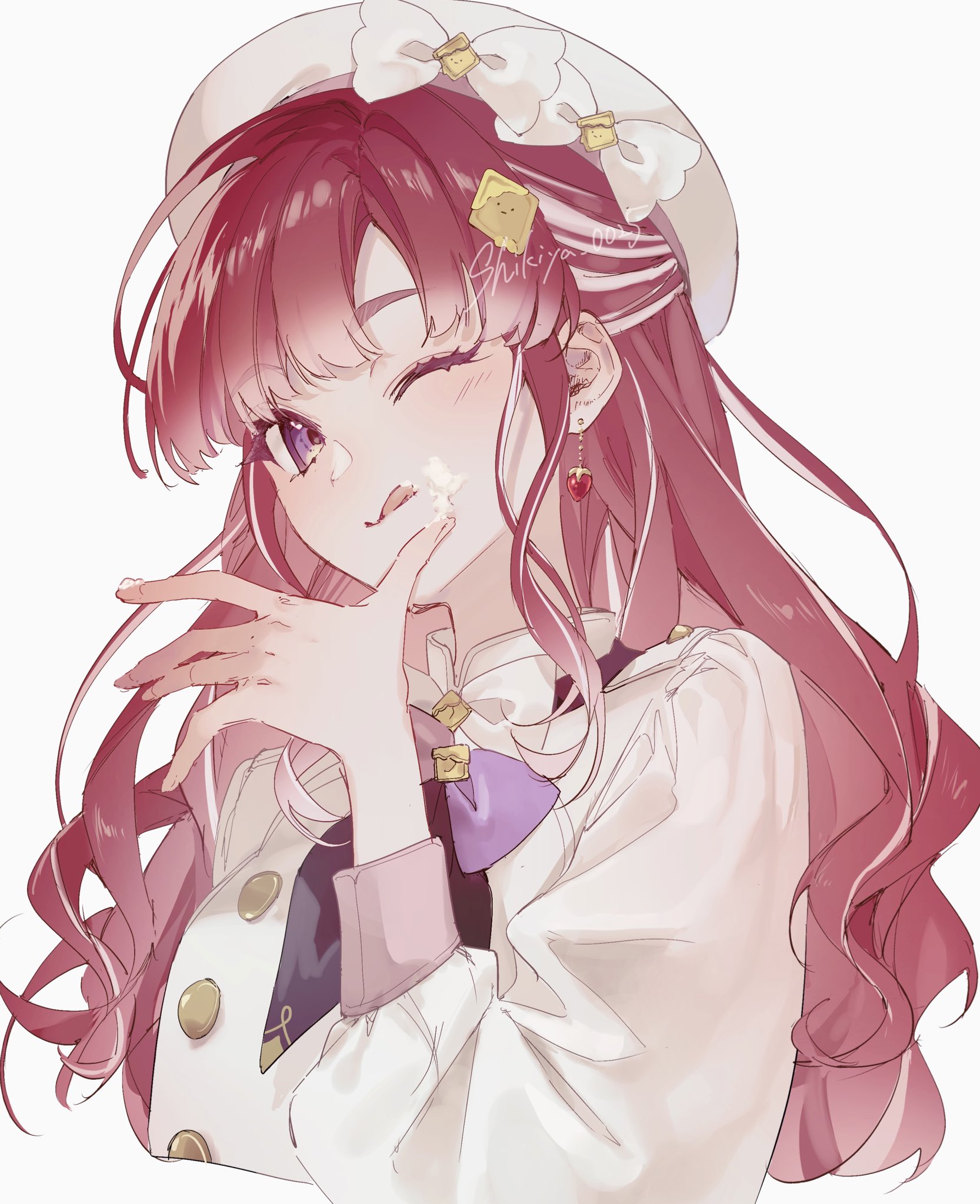 saotome berry, nijisanji, highres, 1girl, bow, cream, earrings, food, food on face, hair ornament, hat, heart, heart earrings, jewelry, long hair, long sleeves, looking at viewer, one eye closed, purple bow, purple eyes, red hair, shikiya 0025, simple background, solo, tongue, tongue out, upper body, white background, white bow
