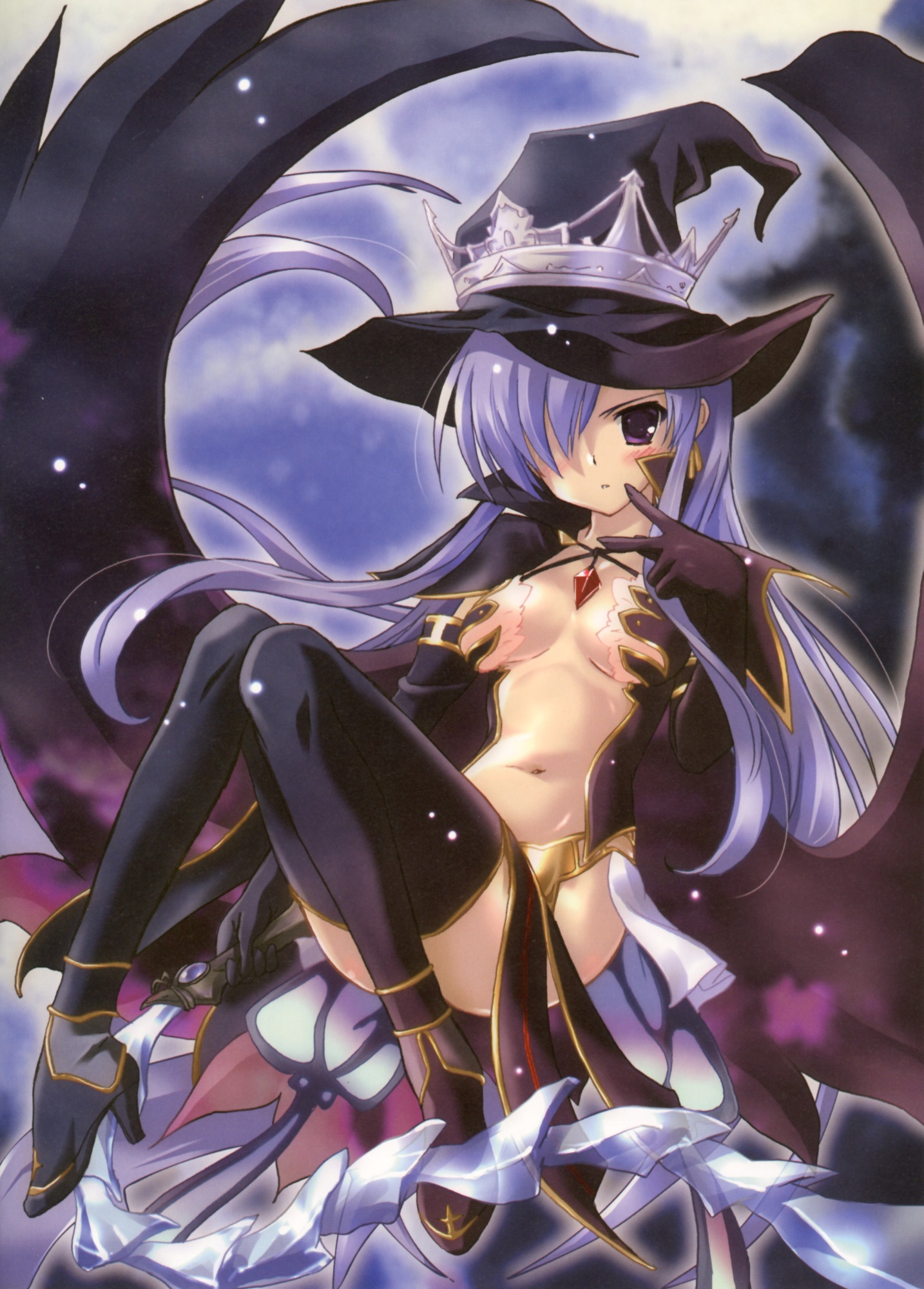 komatsu eiji, fatima, luminous arc, luminous arc 2, highres, 1girl, blue hair, blush, boots, breasts, cape, crown, earrings, elbow gloves, female focus, gloves, hair over one eye, hat, high heels, holding, ice, jewelry, legs, long hair, looking at viewer, navel, open clothes, pendant, purple eyes, shoes, solo, thigh boots, thighhighs, v, whip, witch, witch hat