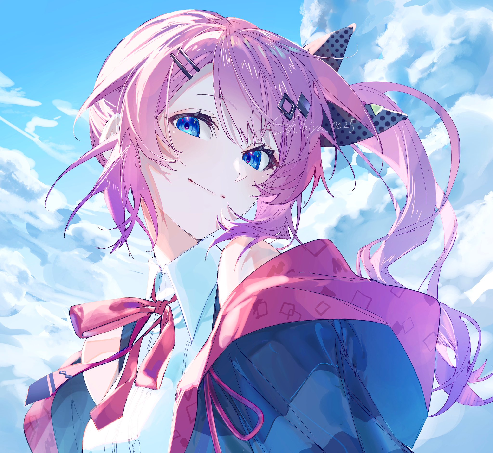 kuramochi meruto, nijisanji, highres, 1girl, bare shoulders, blue eyes, blue sky, bow, closed mouth, cloud, collared shirt, day, hair ornament, hair ribbon, hairclip, jacket, long hair, looking at viewer, neck ribbon, off shoulder, pink hair, purple hair, ribbon, shikiya 0025, shirt, side ponytail, sky, sleeveless, sleeveless shirt, smile, solo, upper body, virtual youtuber, white shirt