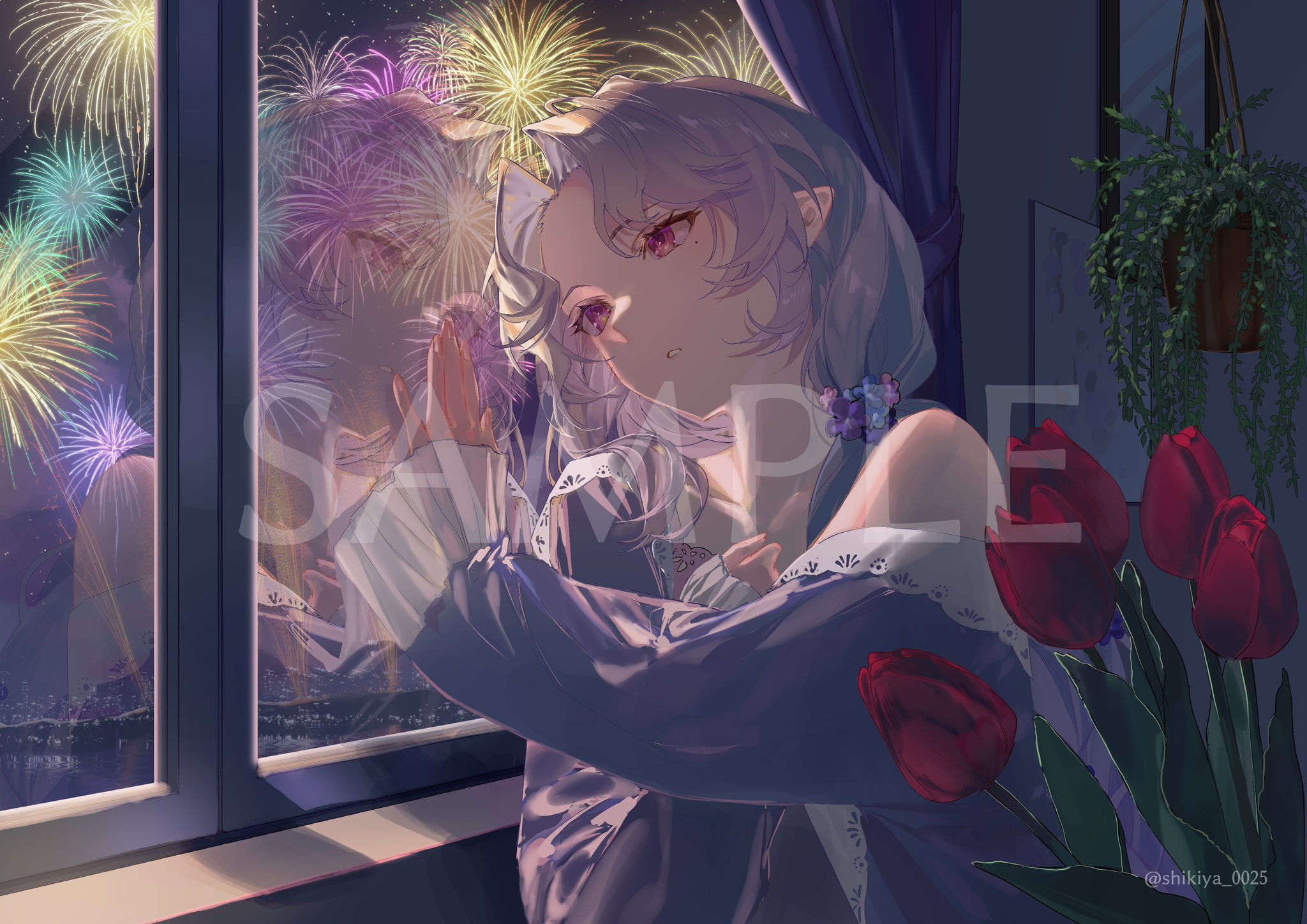 aia amare, nijisanji, highres, 1girl, aerial fireworks, against glass, blue pajamas, curtains, fireworks, flower, hair ornament, hand on glass, indoors, long hair, long sleeves, looking outside, mole, mole under eye, night, night sky, off shoulder, pajamas, parted lips, pointy ears, purple eyes, purple hair, red flower, reflection, sample watermark, shikiya 0025, sky, solo, tulip, upper body, vase, virtual youtuber, watermark, window