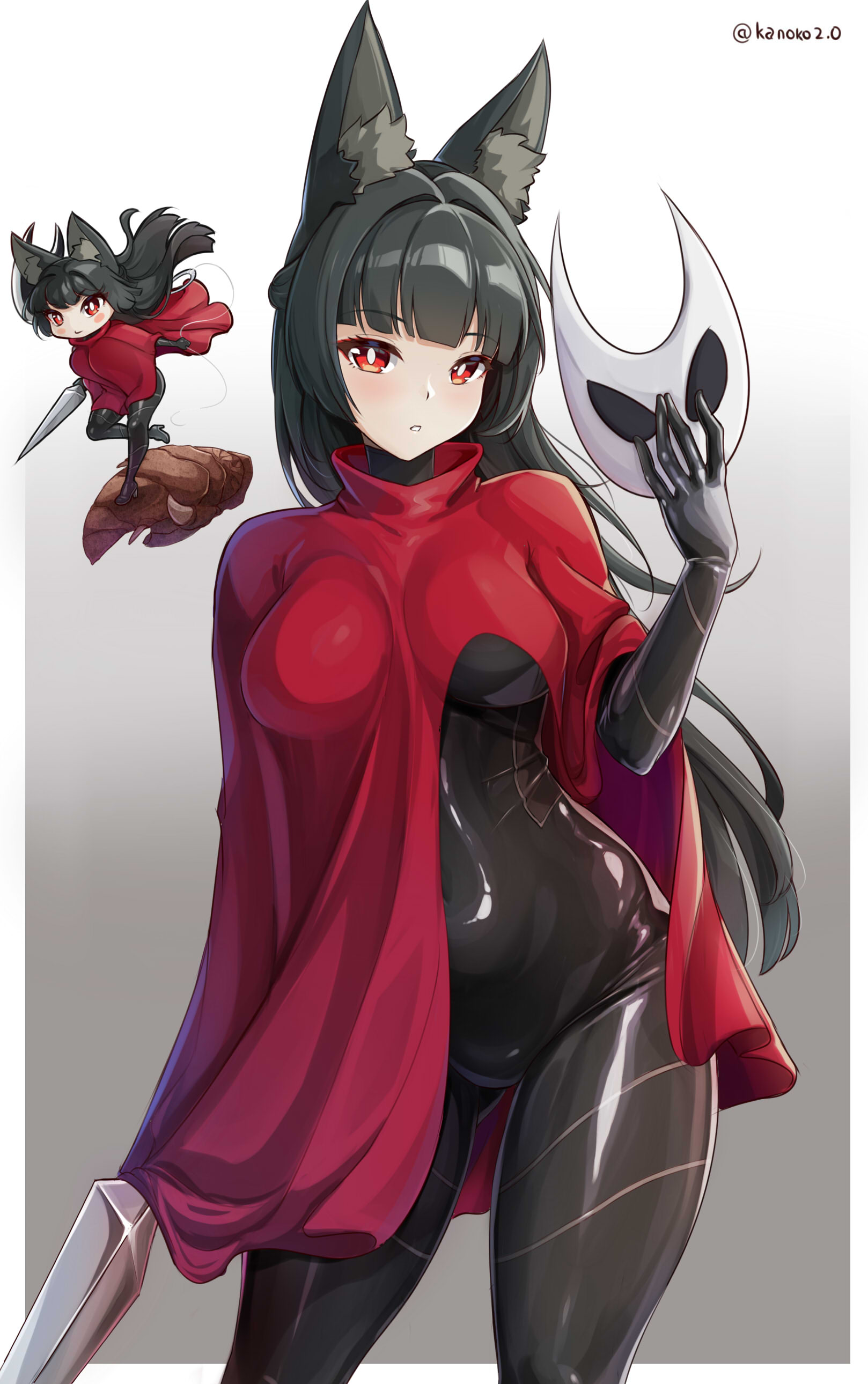 kanoko2.0, hornet (hollow knight), hoshimi miyabi, hollow knight, hollow knight: silksong, zenless zone zero, absurdres, highres, 1girl, alternate costume, animal ear fluff, animal ears, black bodysuit, black hair, bodysuit, breasts, bright pupils, cape, chibi, closed mouth, cosplay, fox ears, fox girl, hornet (hollow knight) (cosplay), long hair, looking at viewer, medium breasts, red cape, red eyes, solo, white background, white pupils