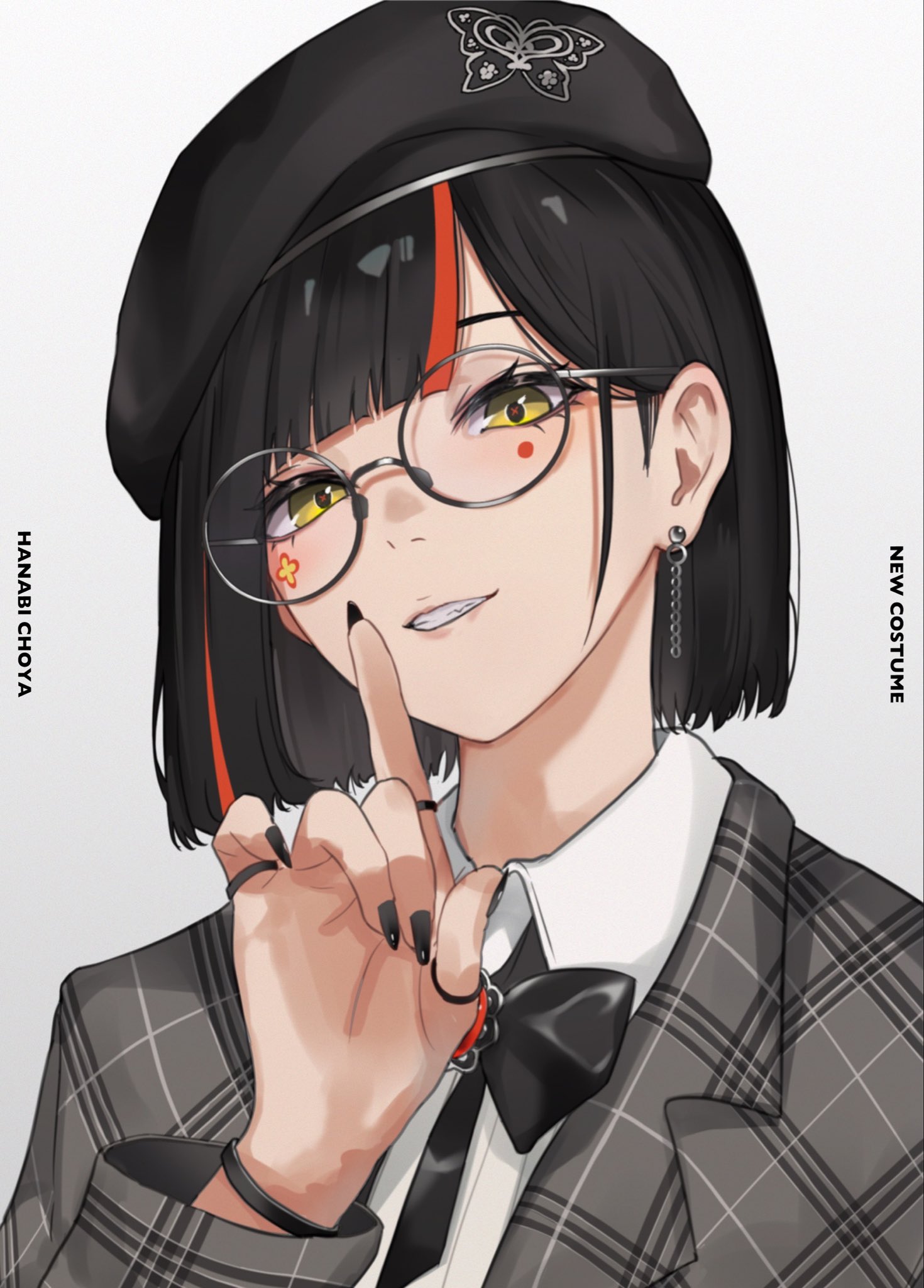 .akuma, choya hanabi, vspo!, highres, 1girl, beret, black bow, black hair, black hat, black nails, blazer, bow, bracelet, choya hanabi (2nd costume), collared shirt, earrings, facial mark, grey jacket, grin, half-closed eyes, hat, jacket, jewelry, looking at viewer, multicolored hair, multiple rings, parted bangs, plaid clothes, plaid jacket, portrait, ring, round eyewear, shirt, simple background, smile, solo, streaked hair, virtual youtuber, white background, white shirt, yellow eyes
