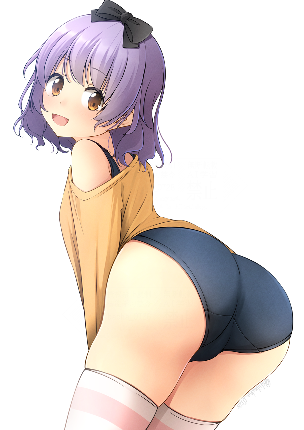 shibacha, original, commentary request, highres, 1girl, ass, black bow, bow, brown eyes, hair bow, looking at viewer, looking back, open mouth, purple hair, shirt, simple background, smile, solo, striped clothes, striped thighhighs, thighhighs, white background
