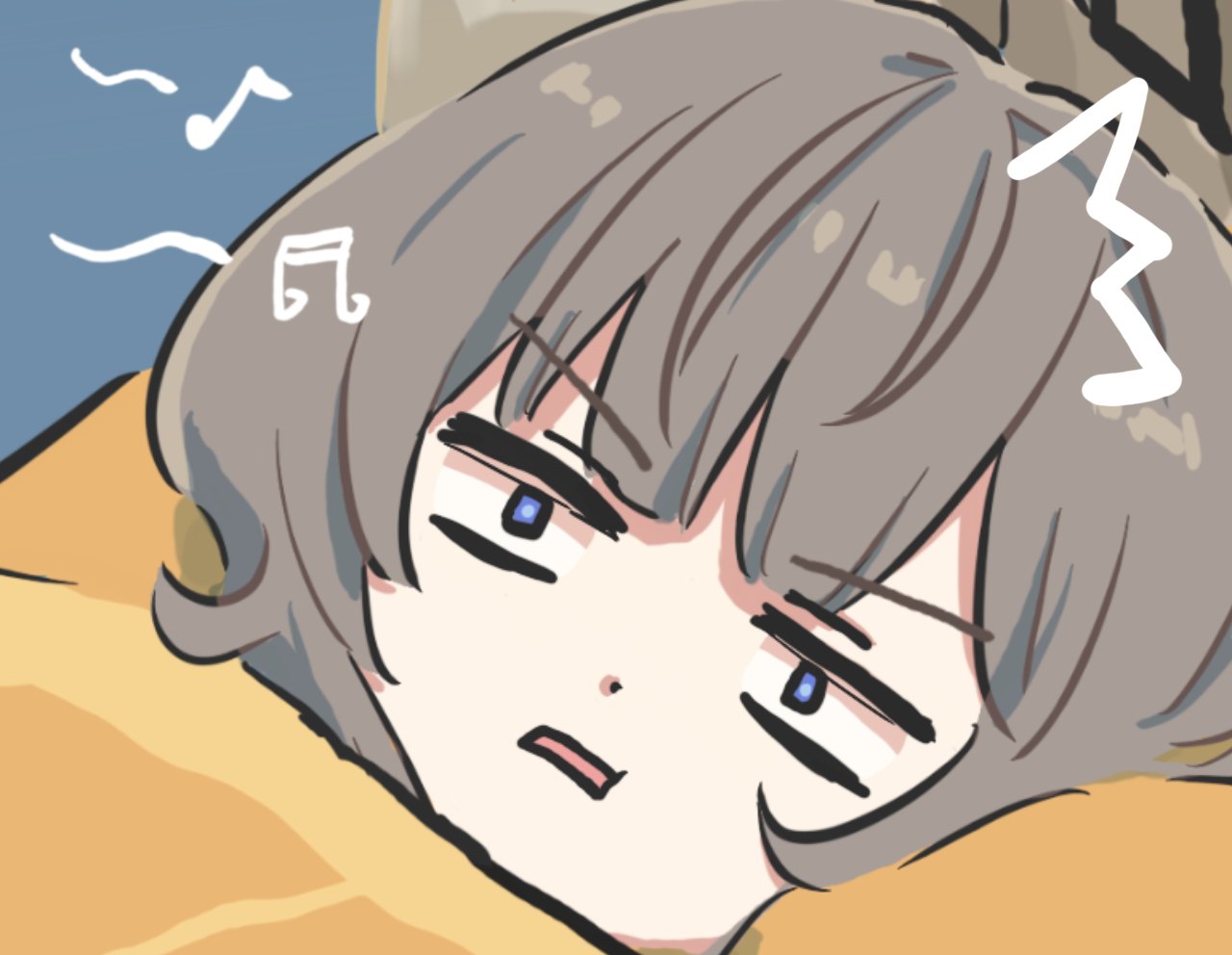 xinzoruo, sandrone (genshin impact), genshin impact, 1girl, blue eyes, brown hair, looking at viewer, musical note, parted lips, solo, v-shaped eyebrows