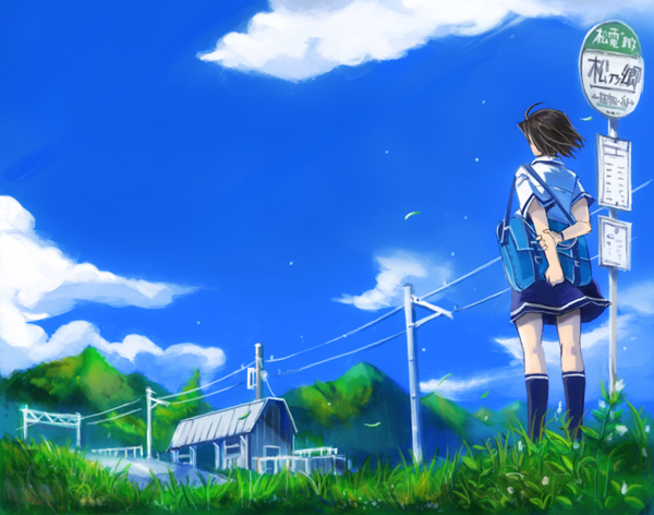 yana yana, 1girl, bag, bus stop, cloud, day, female focus, house, landscape, meadow, mountain, power lines, scenery, school uniform, serafuku, solo