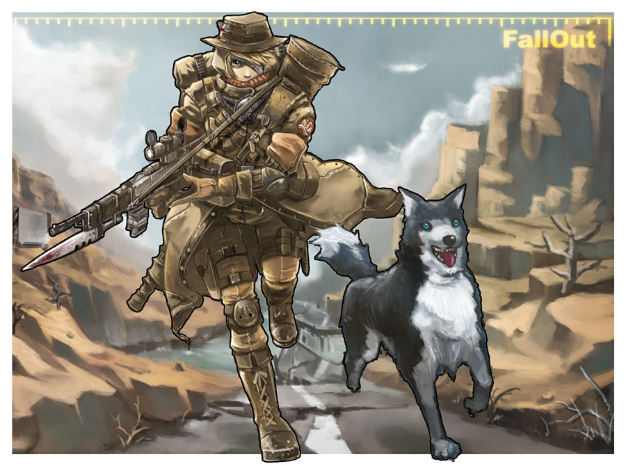 yana yana, dogmeat, lone wanderer, fallout, fallout 3, 1girl, bandages, bayonet, blood, blue eyes, boots, brown eyes, brown hair, canyon, coat, desert, dog, female focus, gloves, gun, hat, nuka cola, rifle, solo, weapon