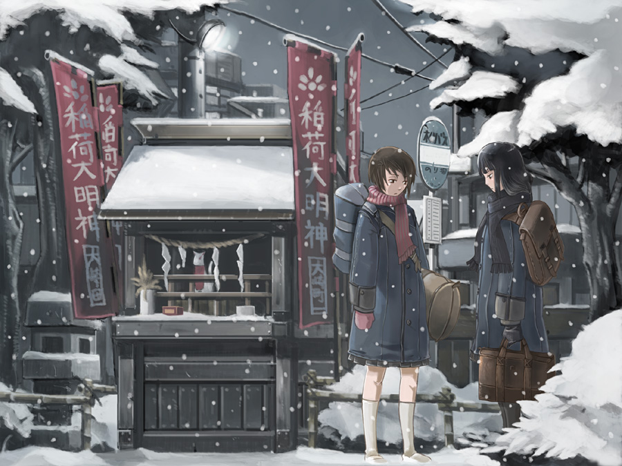 yana yana, 2girls, backpack, bag, building, bus stop, city, coat, gloves, lamppost, looking down, multiple girls, randoseru, rope, sad, scarf, scenery, shide, shimenawa, shrine, snow, tears, winter