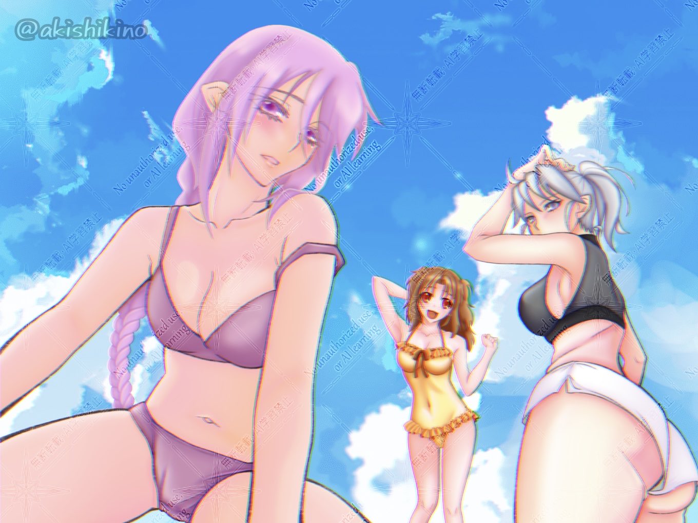 riesbyfe stridberg, sion eltnam (type-moon), sion eltnam atlasia, yumizuka satsuki, melty blood, tsukihime, 3girls, akishikino, back alley alliance, beach, black sports bra, braid, brown eyes, brown hair, grey eyes, grey hair, long hair, looking at viewer, multiple girls, one-piece swimsuit, open mouth, ponytail, purple eyes, purple hair, red eyes, short hair, shorts, smile, sports bra, swimsuit, twintails, very long hair, watermark, white hair, white shorts, yellow one-piece swimsuit