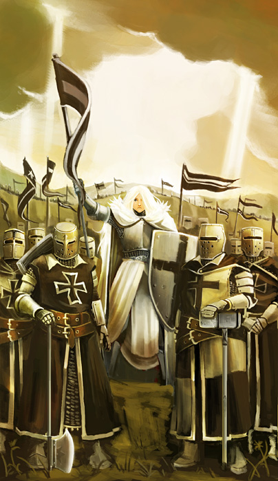yana yana, total war, 1girl, 6+boys, armor, army, axe, belt, breastplate, chainmail, cloud, cross, cross patty, flag, full armor, gauntlets, hammer, helm, helmet, holding, knight, knights hospitaller, knights templar, light rays, looking at viewer, medieval, multiple boys, outdoors, outstretched arm, pennant, robe, scenery, sepia, shield, sky, standing, sunbeam, sunlight, tabard, war, weapon, white hair