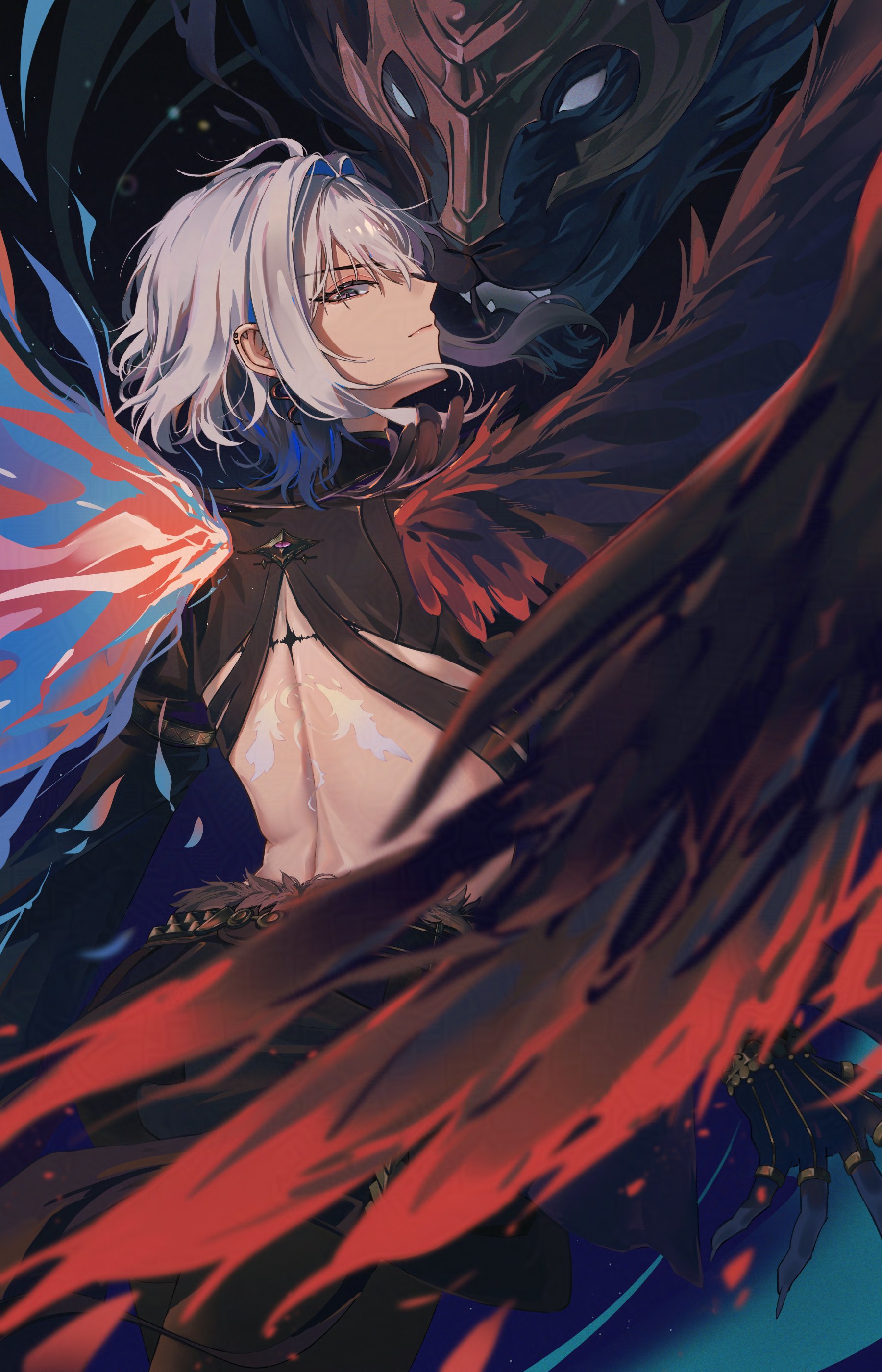 nininininil, galbrena (wuthering waves), wuthering waves, absurdres, bad id, bad twitter id, commentary, hashtag-only commentary, highres, 1girl, asymmetrical wings, back, black jacket, black pantyhose, black shorts, blue hair, closed mouth, colored inner hair, cowboy shot, cropped jacket, ear piercing, earrings, jacket, jewelry, looking at viewer, median furrow, medium hair, mismatched wings, multicolored hair, object insertion from behind, pantyhose, piercing, profile, shorts, sidelocks, sideways glance, solo, tacet discord (wuthering waves), tacet mark (wuthering waves), wings