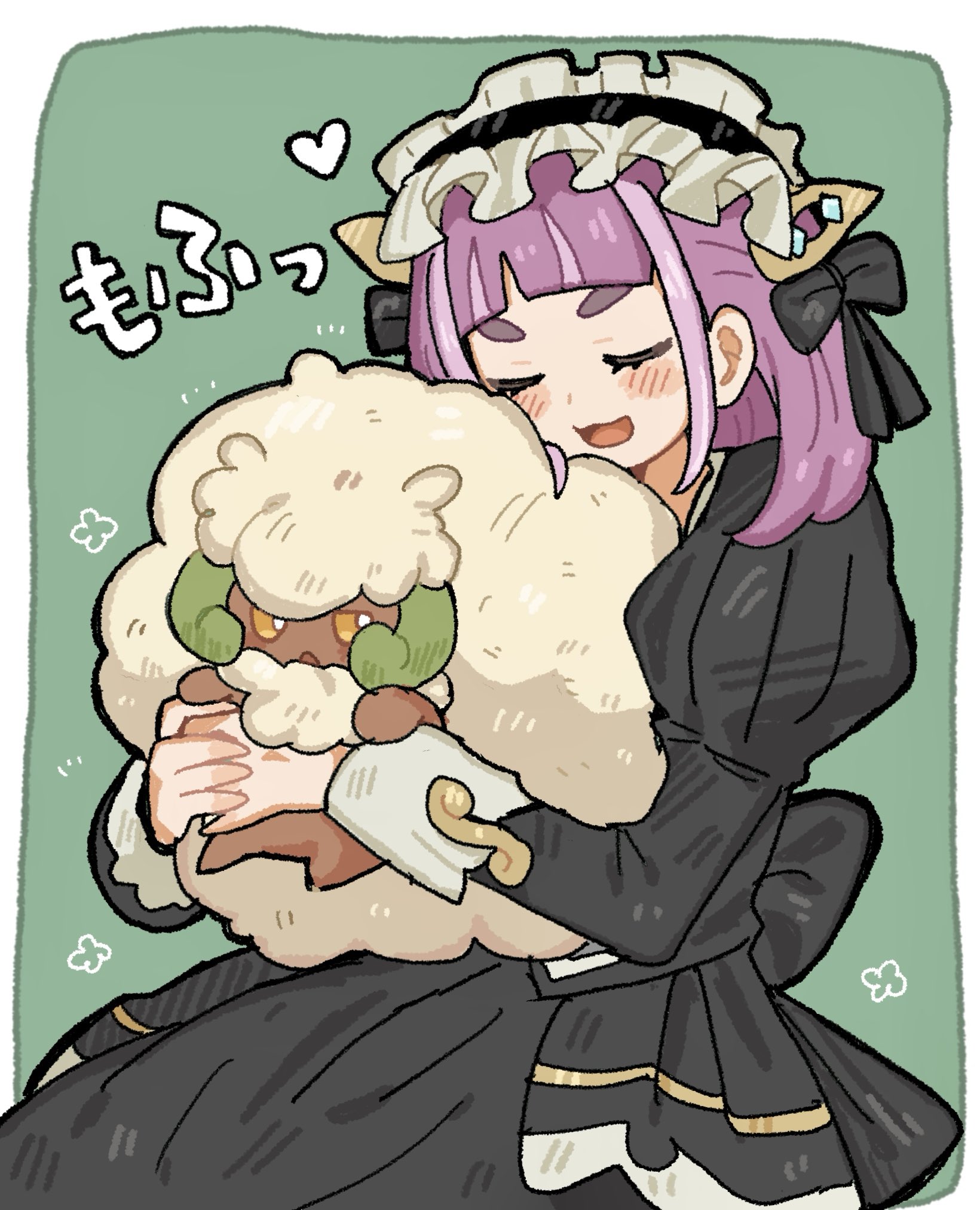 han0579, lacey (fall 2025) (pokemon), lacey (pokemon), whimsicott, nintendo, pokemon, pokemon masters ex, highres, 1girl, black bow, black dress, blush, bow, closed eyes, dress, gen 5 pokemon, hair ornament, hairclip, headdress, holding, holding pokemon, hug, long sleeves, maid, maid headdress, official alternate costume, open mouth, pink hair, pokemon (creature), short hair, smile, white headdress, yellow eyes