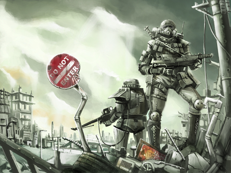 yana yana, vault boy, fallout, fallout 3, sniper, 2boys, armor, assault rifle, brotherhood of steel, bullet hole, cloud, cola, collateral damage, debris, grey theme, gun, helmet, multiple boys, no entry sign, nuka cola, power armor, power lines, radio, rifle, road sign, ruins, scenery, sign, sniper rifle, soda, weapon