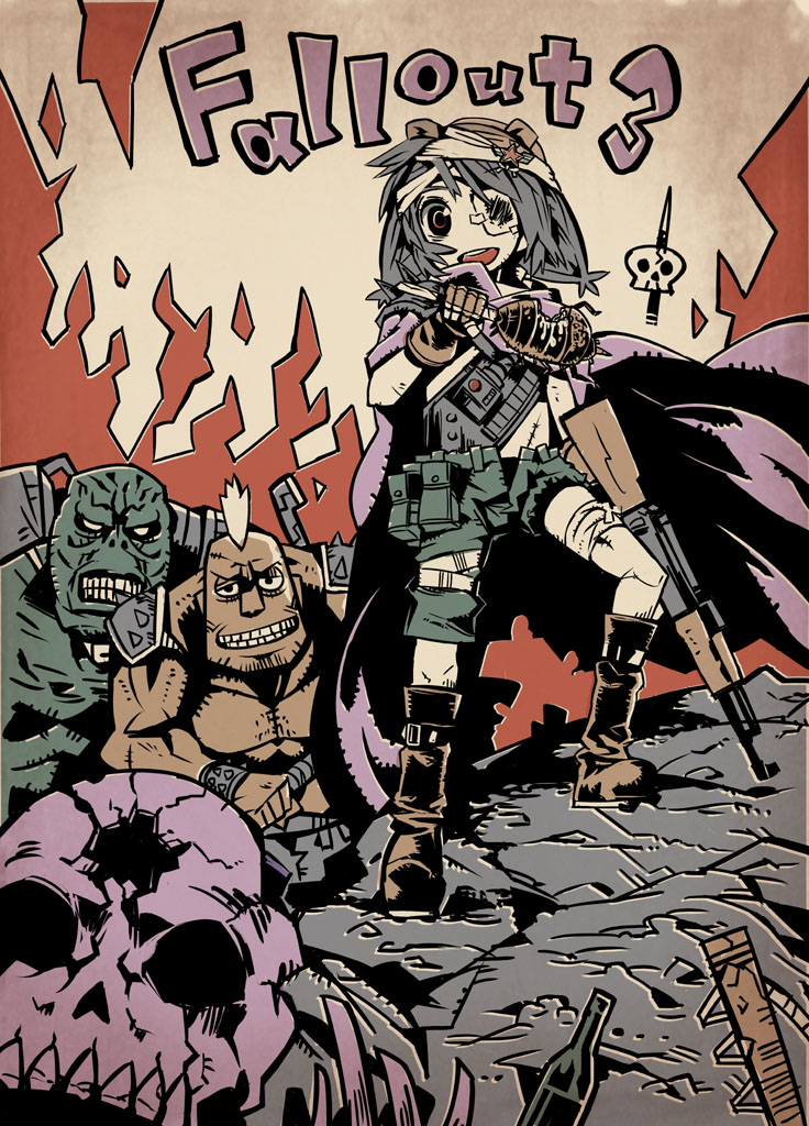 kuma jet, kumajet3, raider (fallout), super mutant, fallout, fallout 3, mutant, bad id, bad pixiv id, 1girl, armor, bandages, bottle, bug, cape, eyepatch, fire, gun, pauldrons, radiation, radroach, rifle, ruins, shorts, shoulder armor, skull, star (symbol), weapon