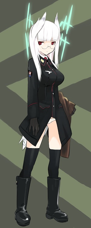 shimada fumikane, heidimarie w. schnaufer, strike witches, world witches series, uniform, 00s, 1girl, animal ears, boots, female focus, glasses, gloves, head wings, hirschgeweih antennas, kneehighs, magic, panties, red eyes, socks, solo, thighhighs, underwear, white hair, wings