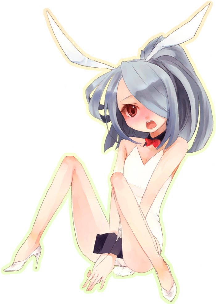 shimakoma, kazemaru ichirouta, inazuma eleven, inazuma eleven (series), bad id, bad pixiv id, 00s, 1boy, animal ears, bare legs, blue hair, blush, bow, bowtie, cuffs, fake animal ears, flat chest, hair over one eye, high heels, male focus, male playboy bunny, playboy bunny, ponytail, rabbit ears, red eyes, shoes, shota, solo, tail, trap, wrist cuffs