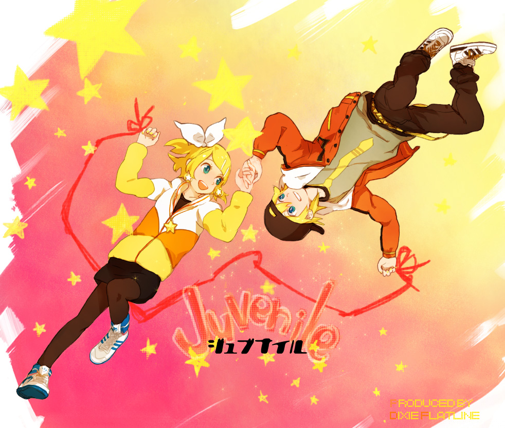 mitosa, kagamine len, kagamine rin, juvenile (vocaloid), vocaloid, 1boy, 1girl, baseball cap, black pantyhose, blonde hair, blue eyes, brother and sister, earrings, fashion, full body, gradient background, hair ribbon, hat, holding hands, hood, hoodie, jacket, jewelry, miniskirt, necklace, pantyhose, ribbon, shirt, shoes, siblings, skirt, sneakers, star (symbol), swept bangs, t-shirt, twins