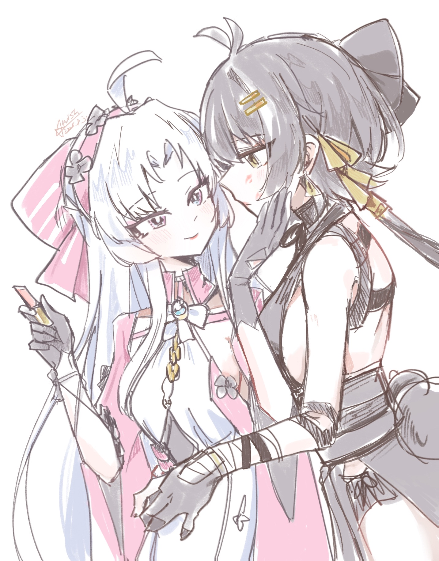 starblame, carlotta (wuthering waves), female rover (wuthering waves), rover (wuthering waves), wuthering waves, commentary request, highres, 2girls, ahoge, black bow, black gloves, black hair, bow, breasts, closed mouth, cosmetics, earrings, eye contact, gloves, hair bow, hair ornament, hair ribbon, hairband, hairclip, hand on another's chin, holding, holding lipstick tube, jewelry, lipstick tube, long hair, looking at another, low ponytail, medium breasts, multiple girls, pangu terminal (wuthering waves), parallel hairclips, parted bangs, pink bow, pink hairband, ponytail, ribbon, simple background, smile, striped bow, triangle earrings, upper body, white background, yellow ribbon, yuri