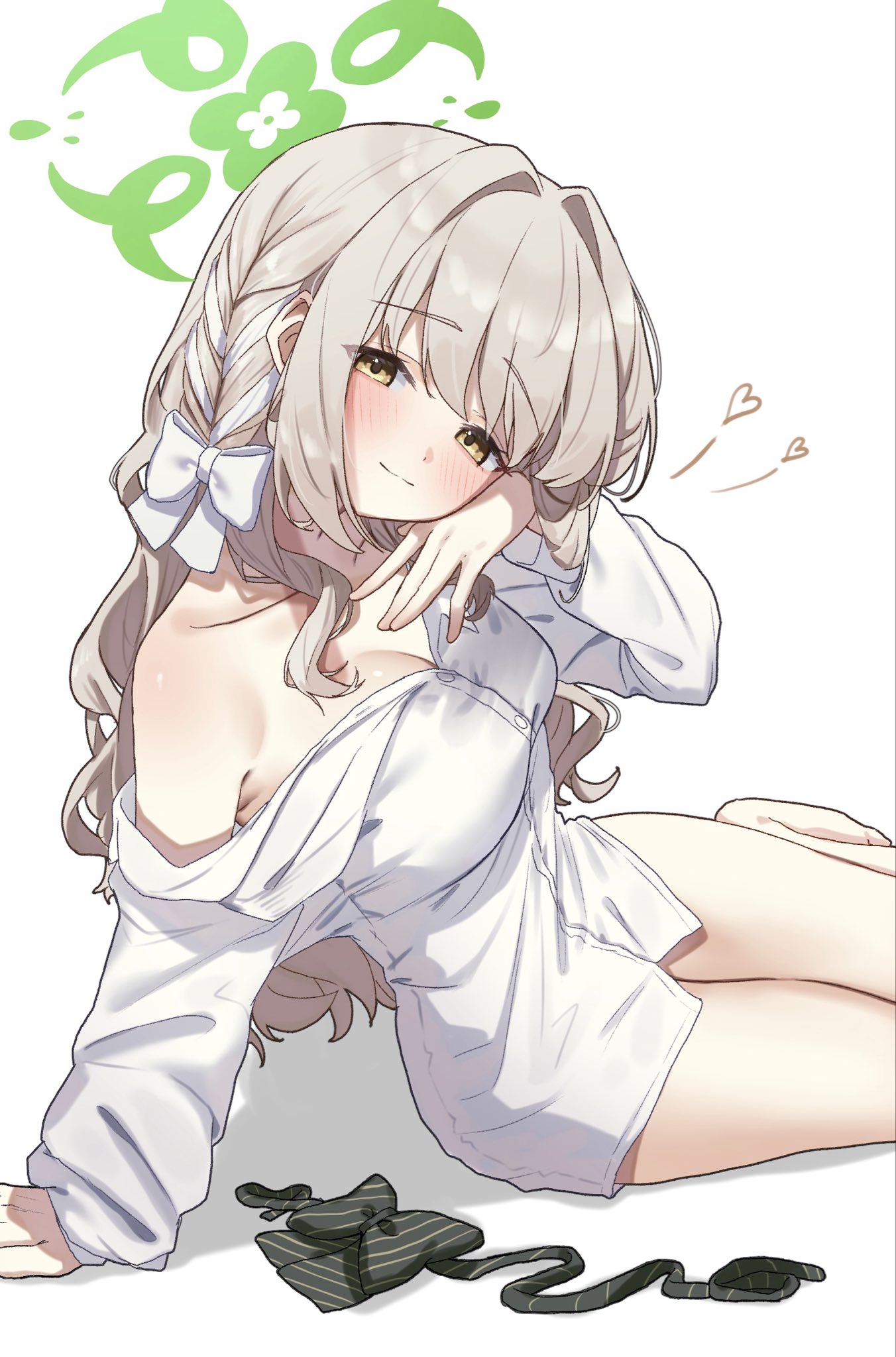 uzuraa, miyo (blue archive), blue archive, commentary request, highres, 1girl, ||/, arm support, armpit crease, bare shoulders, barefoot, blush, bow, bowtie, braid, breasts, brown hair, cleavage, closed mouth, collarbone, green halo, hair between eyes, hair bow, hair intakes, hair ribbon, halo, hand up, heart, knees out of frame, large breasts, long hair, long sleeves, naked shirt, ribbon, ribbon braid, seductive smile, shirt, simple background, sitting, smile, solo, split mouth, thighs, tsurime, unworn bowtie, very long hair, wavy hair, white background, white bow, white ribbon, yellow eyes, yokozuwari