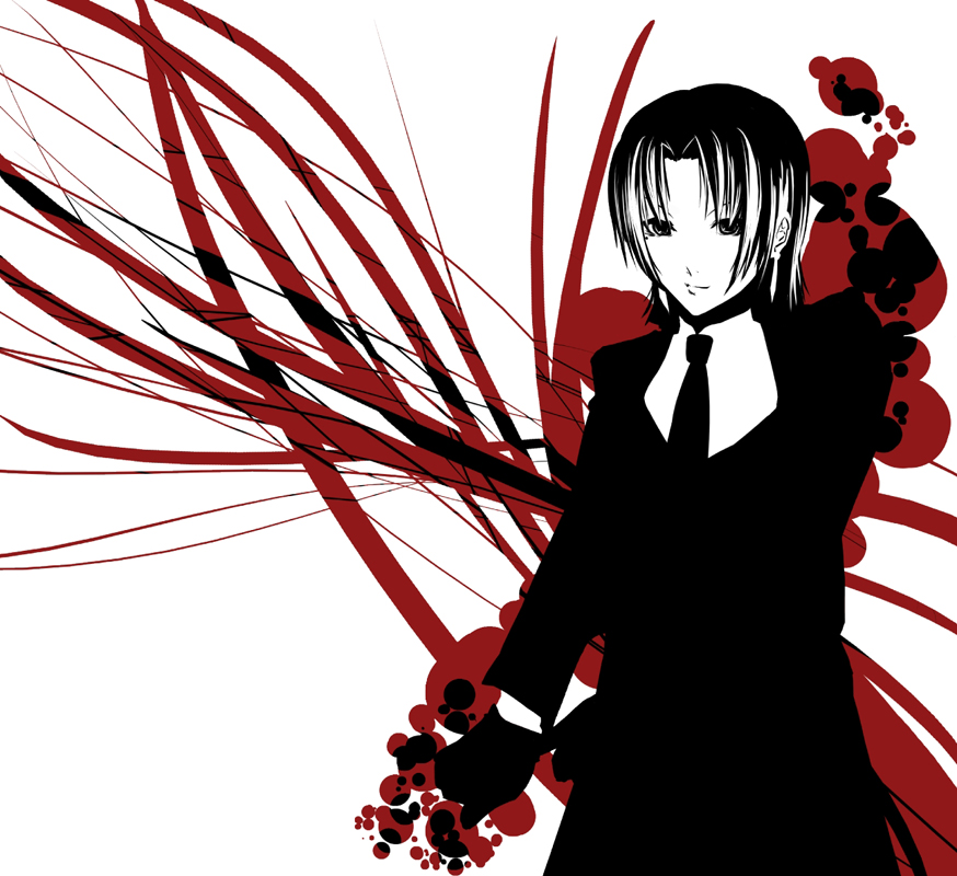 eu03, bazett fraga mcremitz, fate/hollow ataraxia, fate/stay night, fate (series), 00s, 1girl, female focus, formal clothes, gloves, high contrast, monochrome, necktie, red theme, solo, spot color, suit