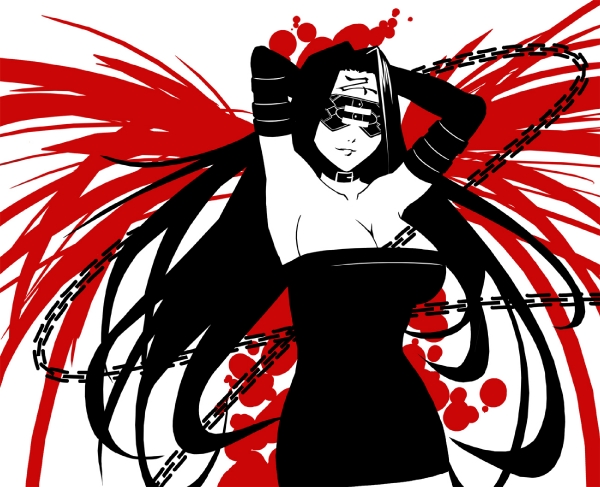 eu03, medusa (fate), medusa (rider) (fate), fate/stay night, fate (series), 00s, 1girl, breasts, chain, cleavage, dress, female focus, high contrast, large breasts, monochrome, red theme, solo, spot color, strapless, strapless dress