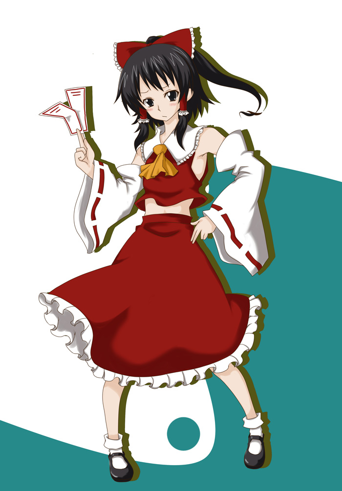 chika (artist), hakurei reimu, touhou, 1girl, black eyes, black hair, bow, detached sleeves, female focus, full body, japanese clothes, midriff, miko, skirt, solo, white background