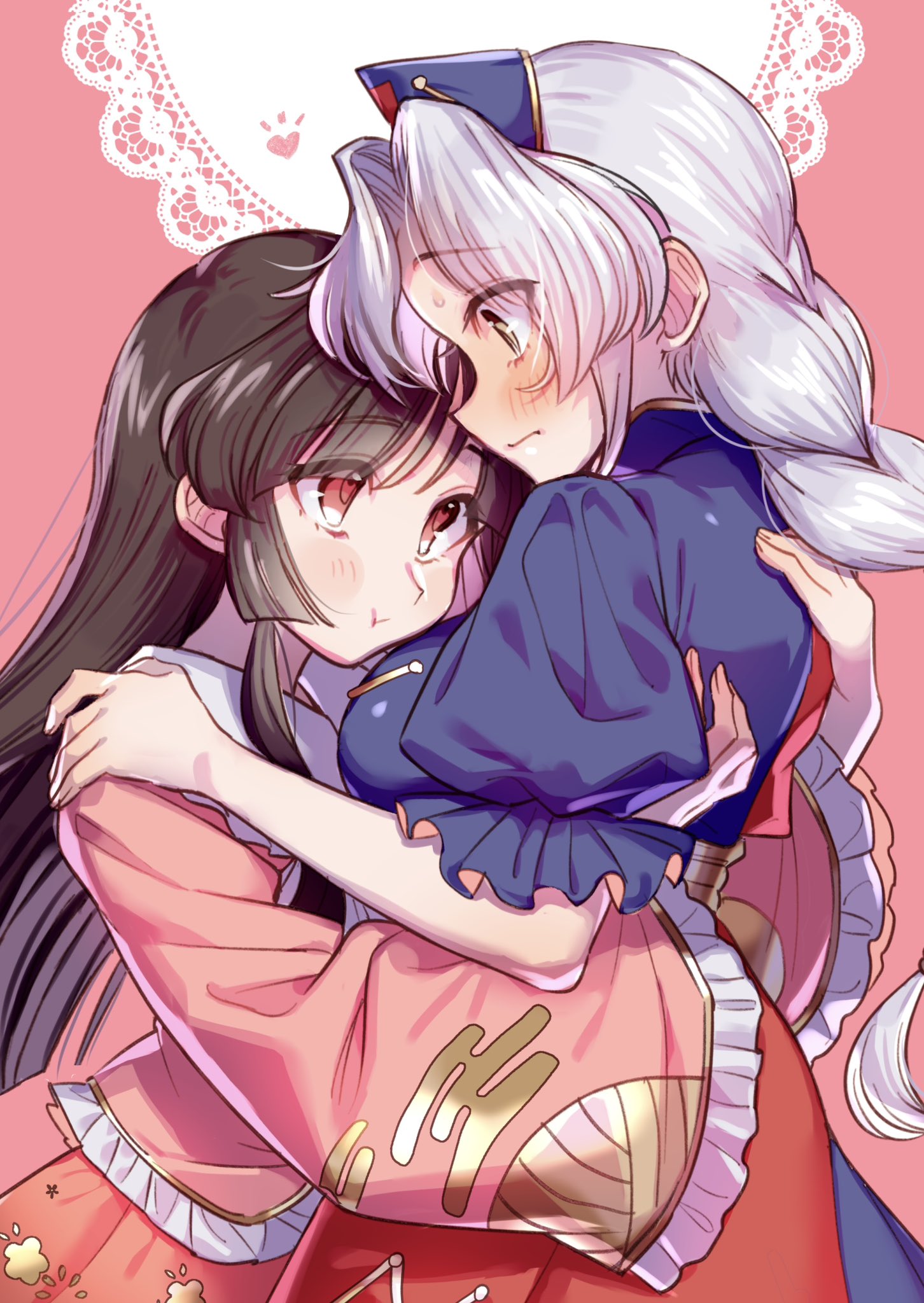 masanaga (tsukasa), houraisan kaguya, yagokoro eirin, touhou, commentary request, highres, 2girls, black hair, blue hat, blush, breasts, closed mouth, cowboy shot, doily, dress, frilled sleeves, frills, grey hair, hand on another's shoulder, hands on another's back, hat, hug, long sleeves, medium breasts, multiple girls, nurse cap, pink background, pink shirt, puffy short sleeves, puffy sleeves, red dress, red eyes, red skirt, shirt, short sleeves, skirt, two-tone dress, yuri
