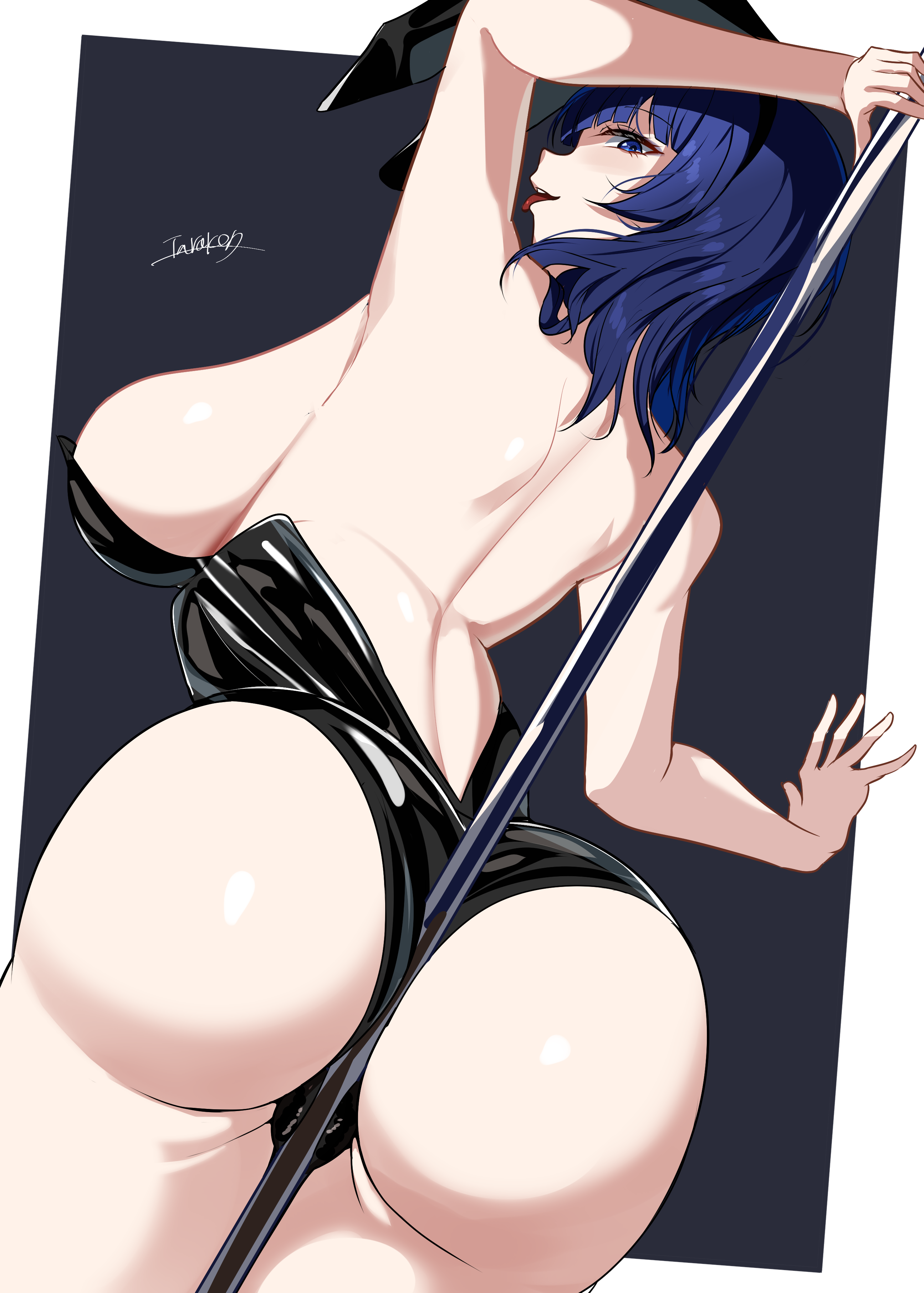 tarakon, asaka karin, love live!, love live! nijigasaki high school idol club, absurdres, highres, 1girl, animal ears, artist name, ass, back, bare back, black leotard, blue eyes, blue hair, breasts, cleavage, curvy, fake animal ears, huge ass, large breasts, leotard, looking at viewer, looking back, medium hair, open mouth, playboy bunny, pole, rabbit ears, shoulder blades, sideboob, thick thighs, thighs, tongue, tongue out, wide hips